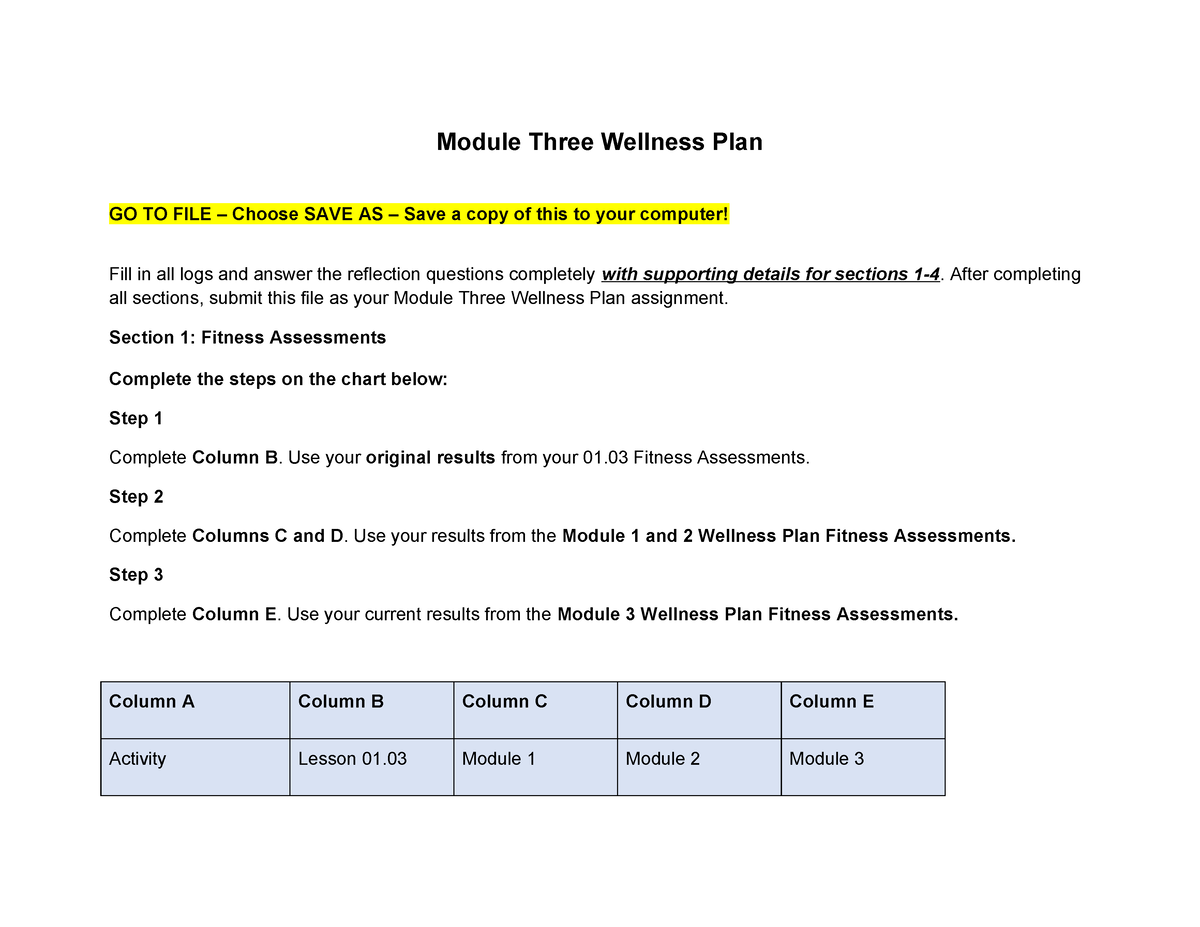 Module three wellness plan - Module Three Wellness Plan GO TO FILE ...