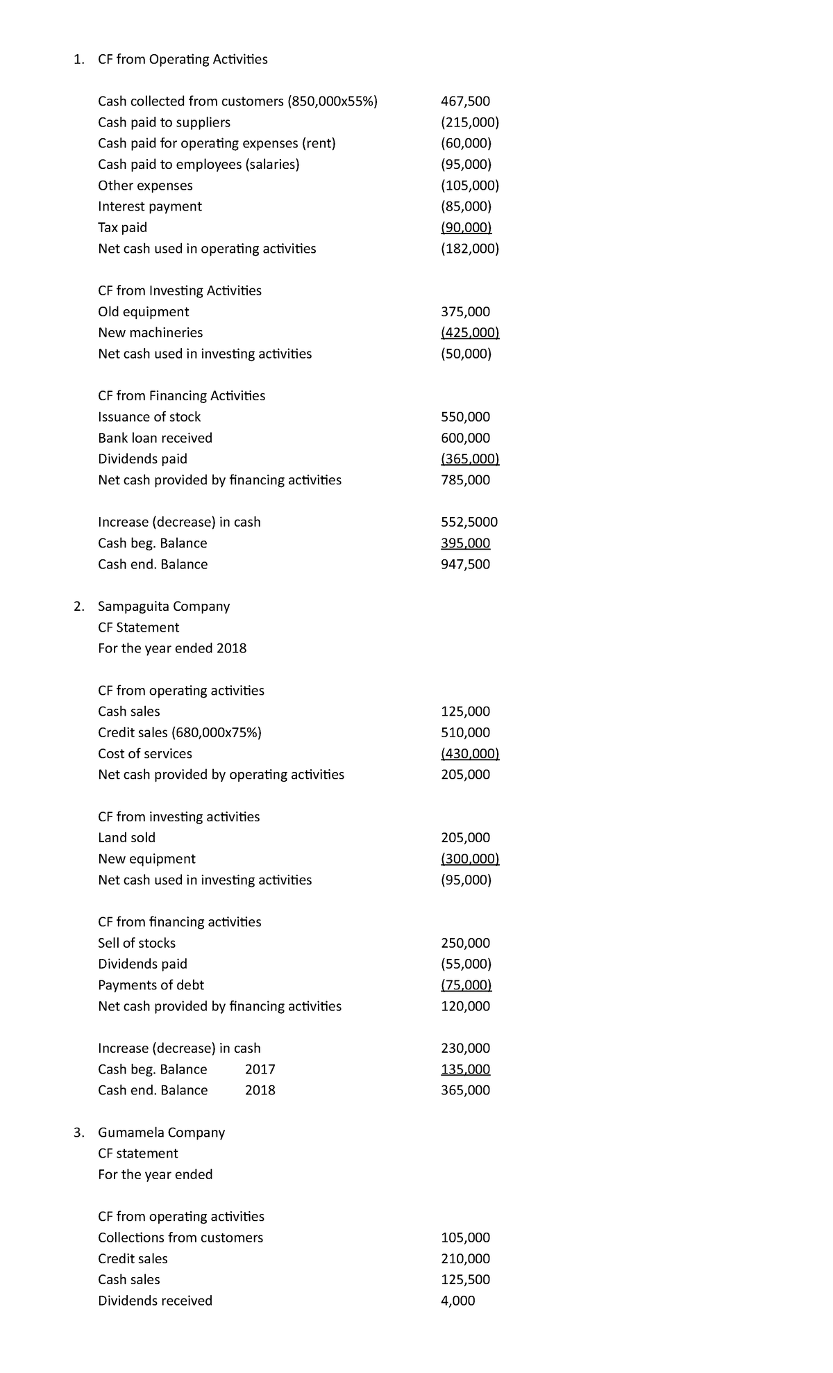 Cash flow cashflow CF from Operating Activities Cash collected from customers (850,000x55