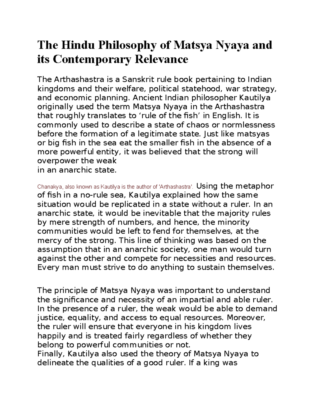 The Hindu Philosophy of Matsya Nyaya and its Contemporary Relevance
