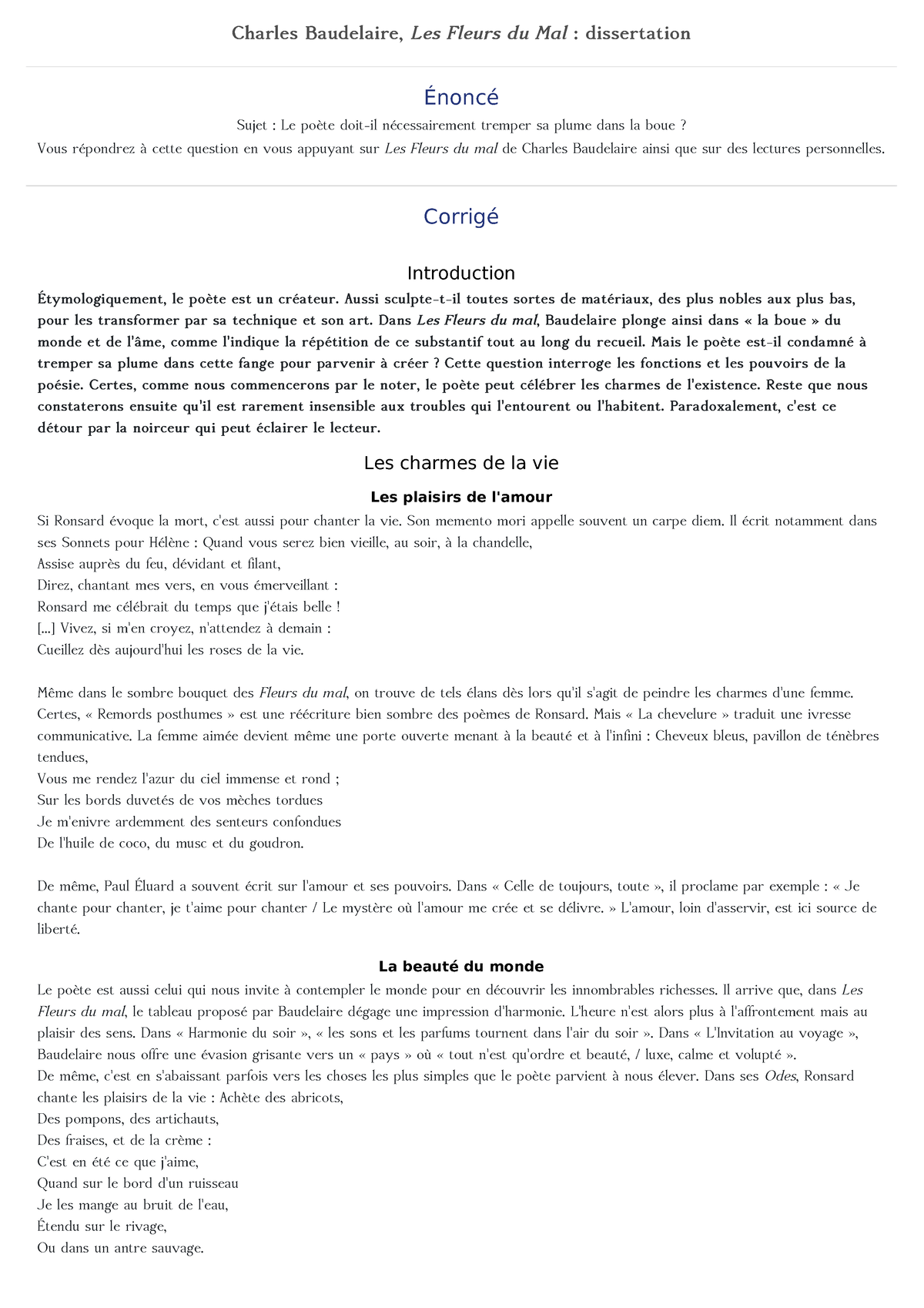 Sujet De Dissertation Les Fleurs Du Mal 1re-francais-charles-baudelaire-les-fleurs-du-mal-dissertation - Charles  Baudelaire, Les Fleurs du - Studocu