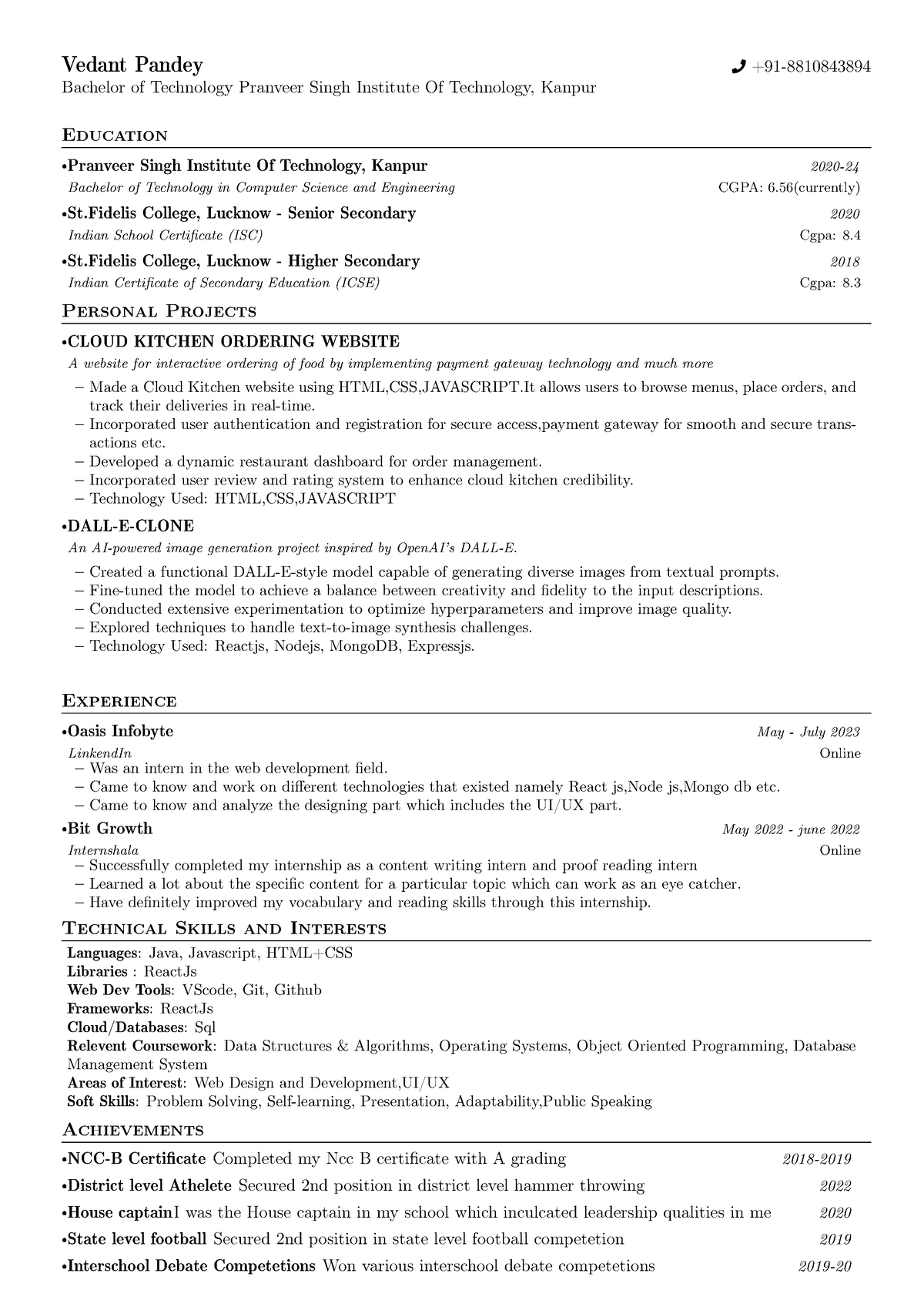 Vedant's Resume - Vedant Pandey +91- Bachelor of Technology Pranveer ...