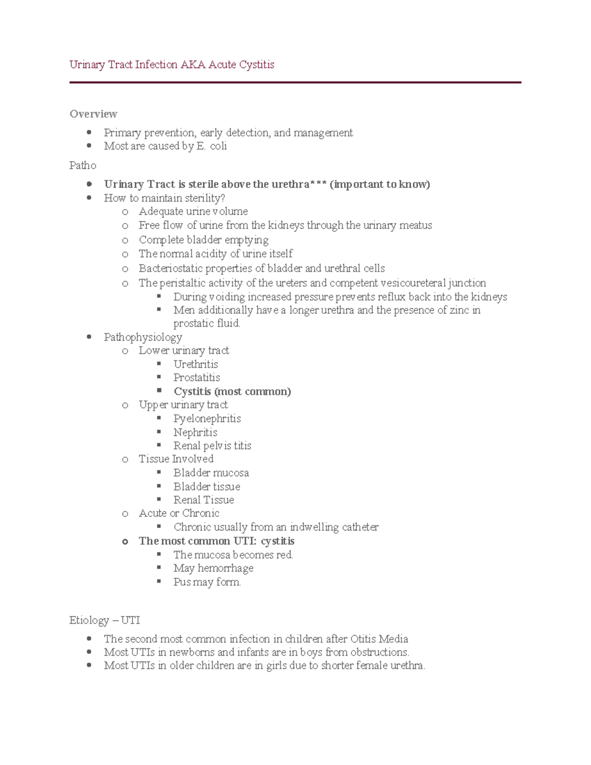 UTI - Notes - Urinary Tract Infection AKA Acute Cystitis Overview ...