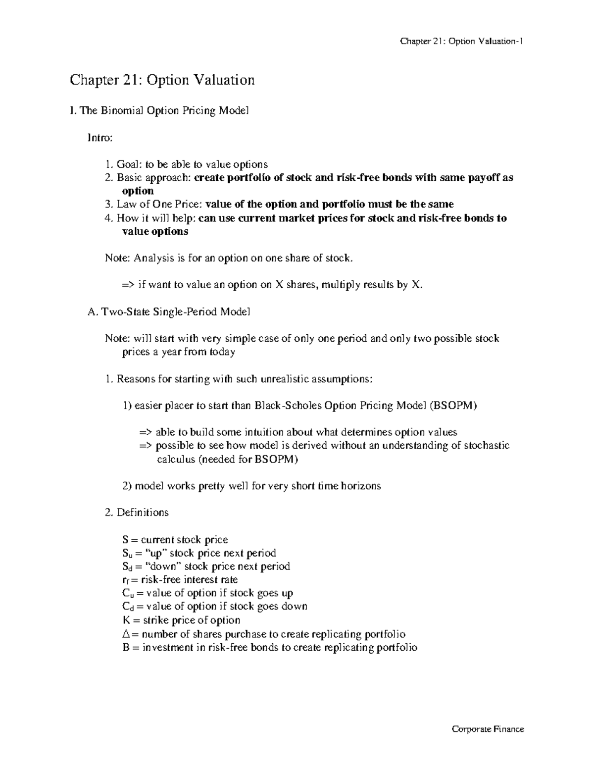 Option pricing - good notes - Chapter 21: Option Valuation I. The ...