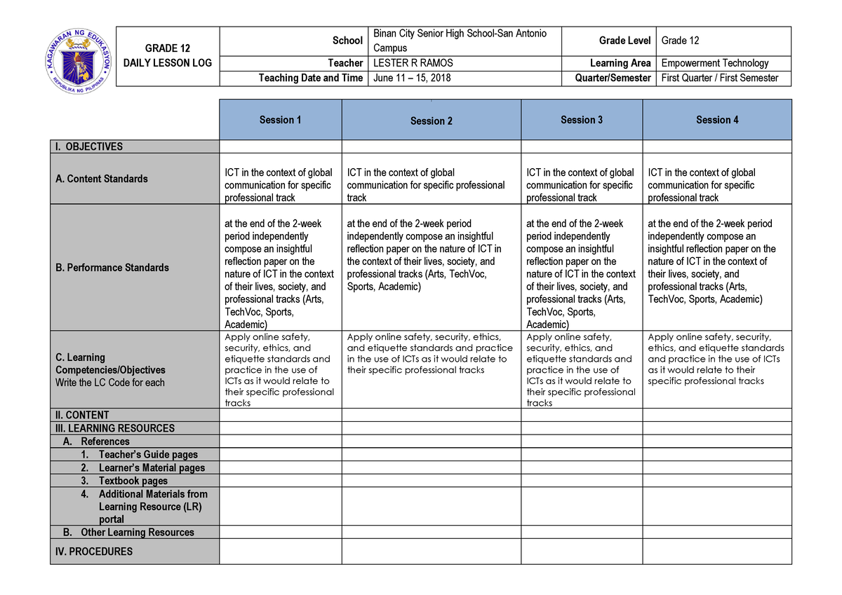 Empowerment Technology week2 - GRADE 12 DAILY LESSON LOG School Binan ...