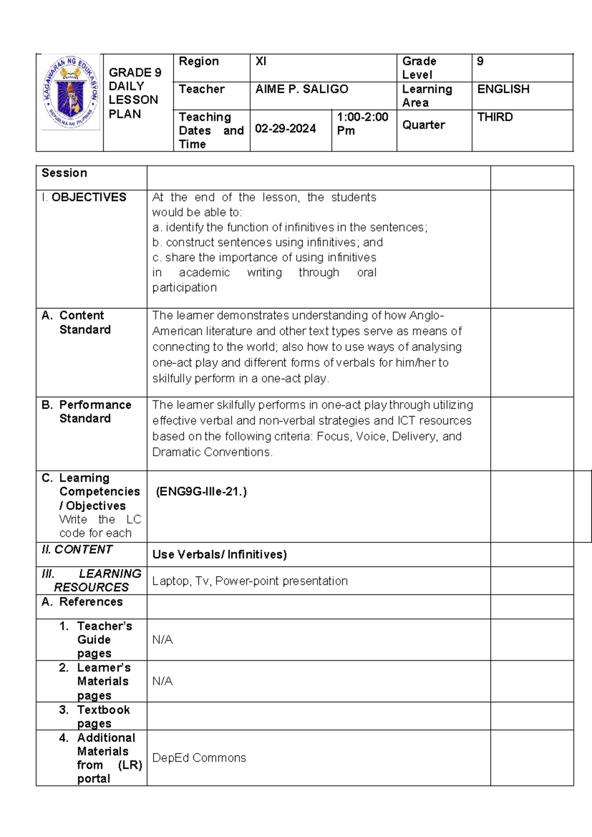Grade-9 - GRADE 9 DAILY LESSON PLAN Region XI Grade Level 9 Teacher ...