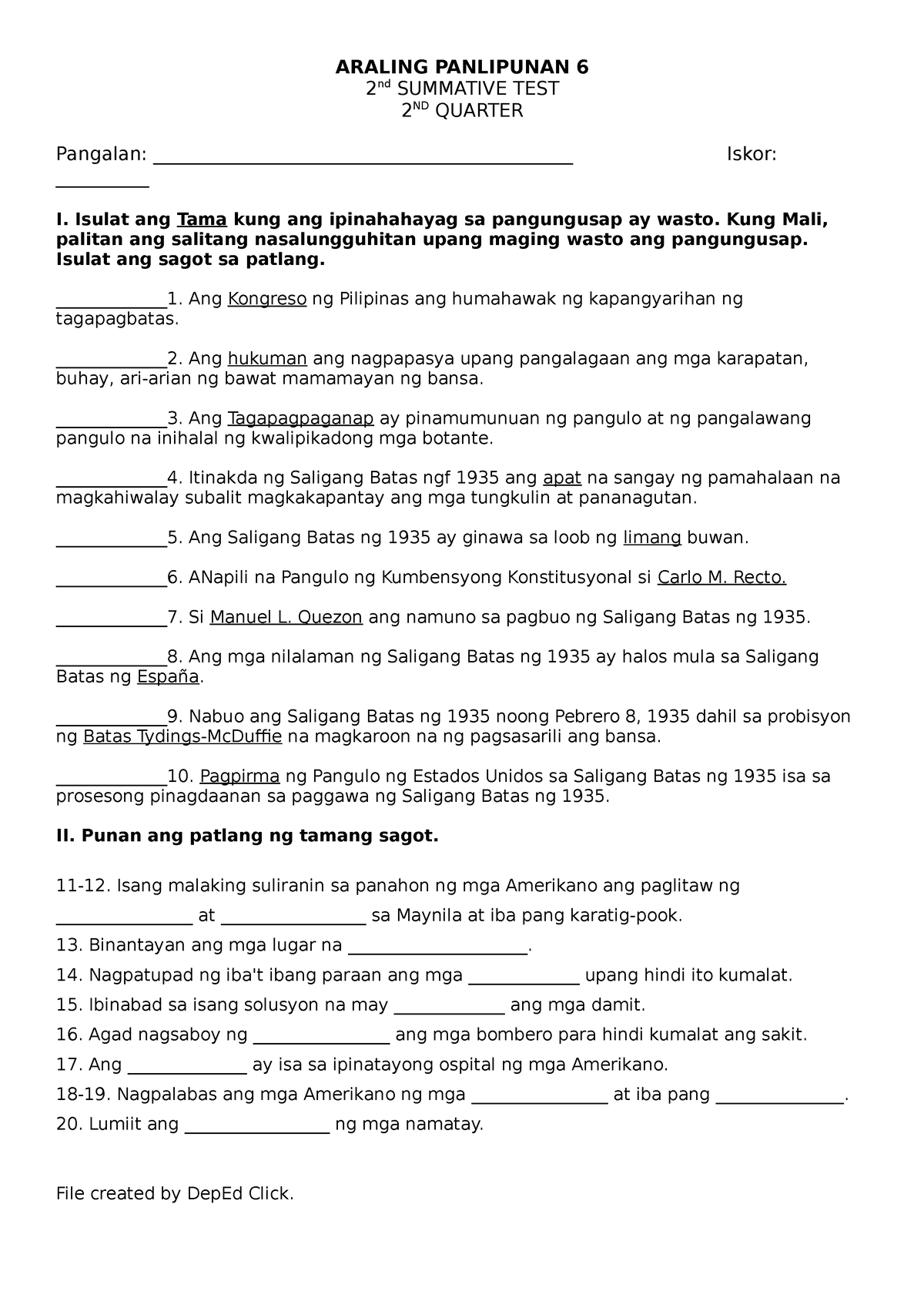 Araling Panlipunan Summative Test Number Quarter Araling Panlipunan Nd Summative Test