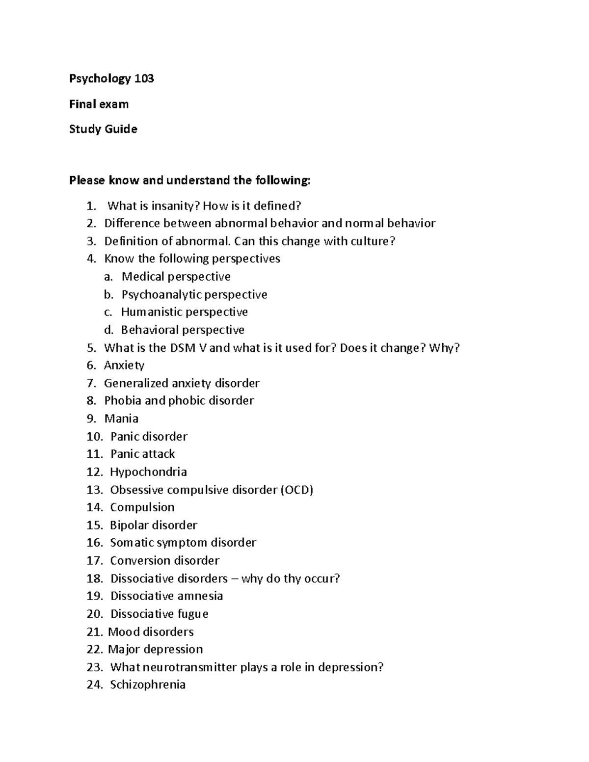 Psychology Final Study Guide - Psychology 103 Final Exam Study Guide ...