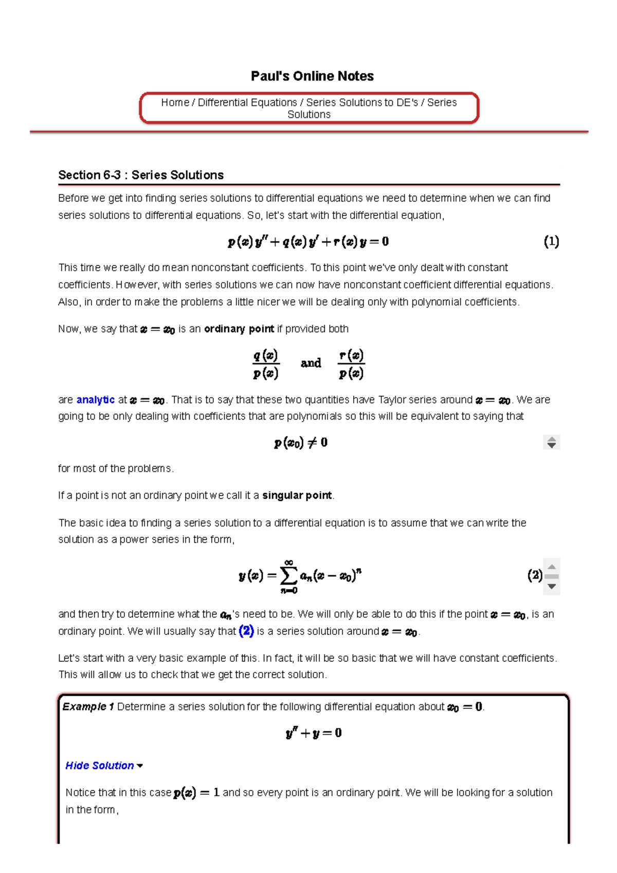 Differential Equations Series Solutions So, let’s start with the