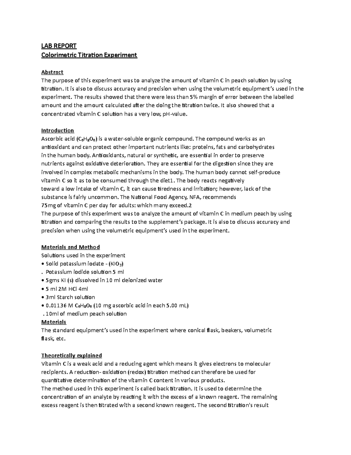 Colorimetric Titration Experiment - LAB REPORT Colorimetric Titration ...