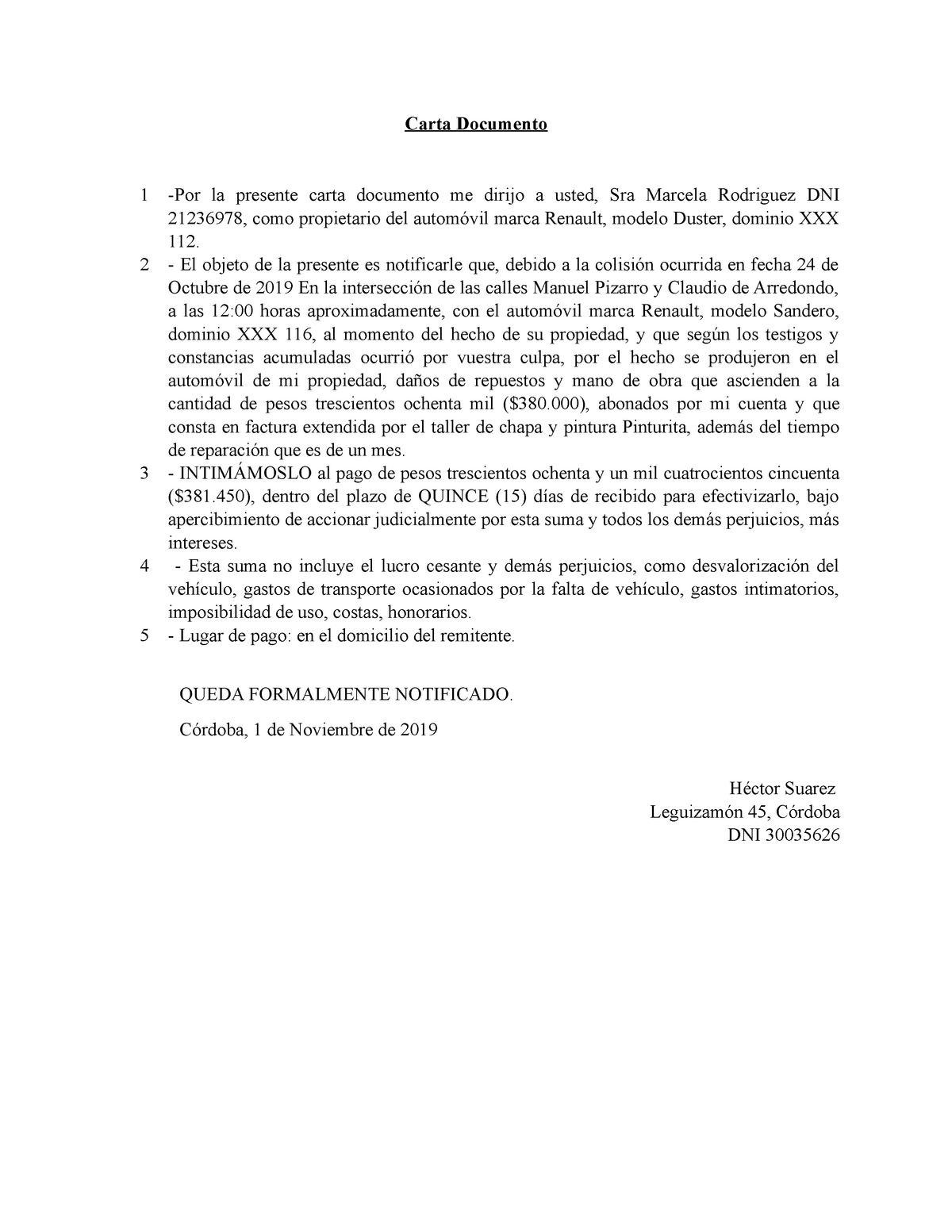 Carta Documento Y Demanda TP 2 - Carta Documento 1 -Por la presente carta  documento me dirijo a - Studocu