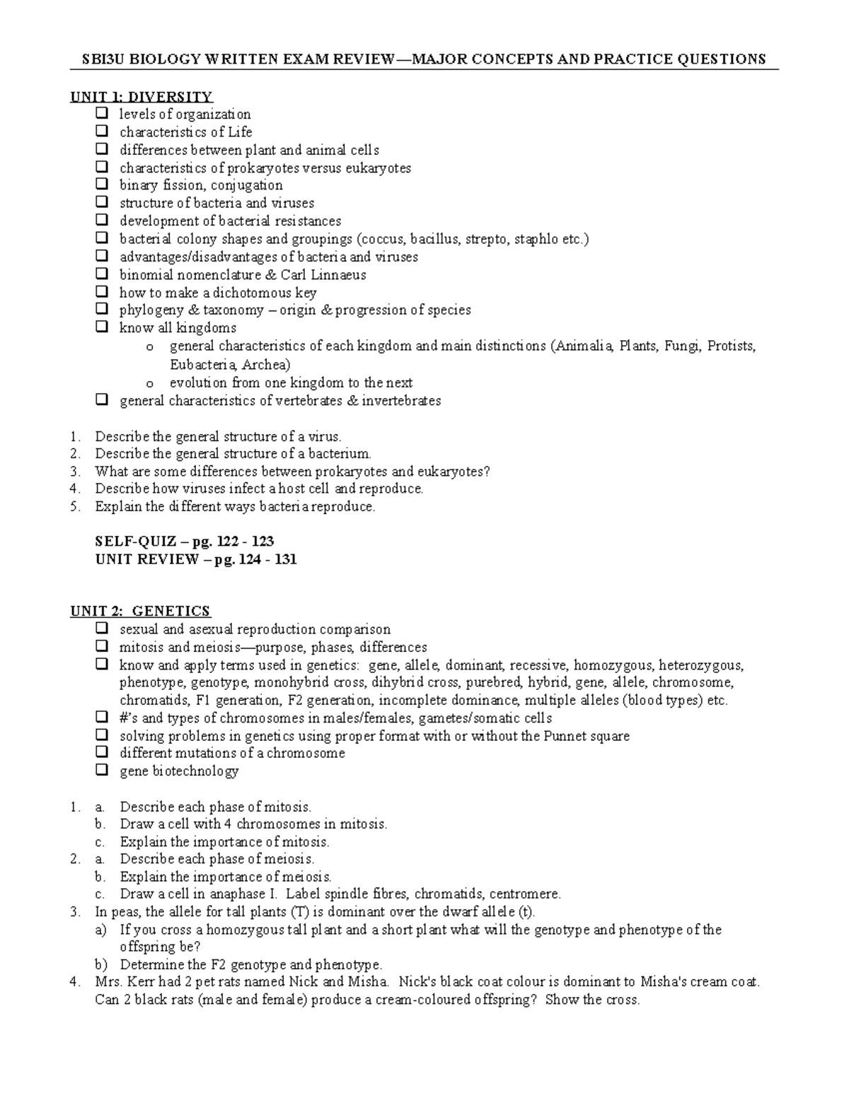 Exam review - jan 2012 - SBI3U BIOLOGY WRITTEN EXAM REVIEW—MAJOR ...