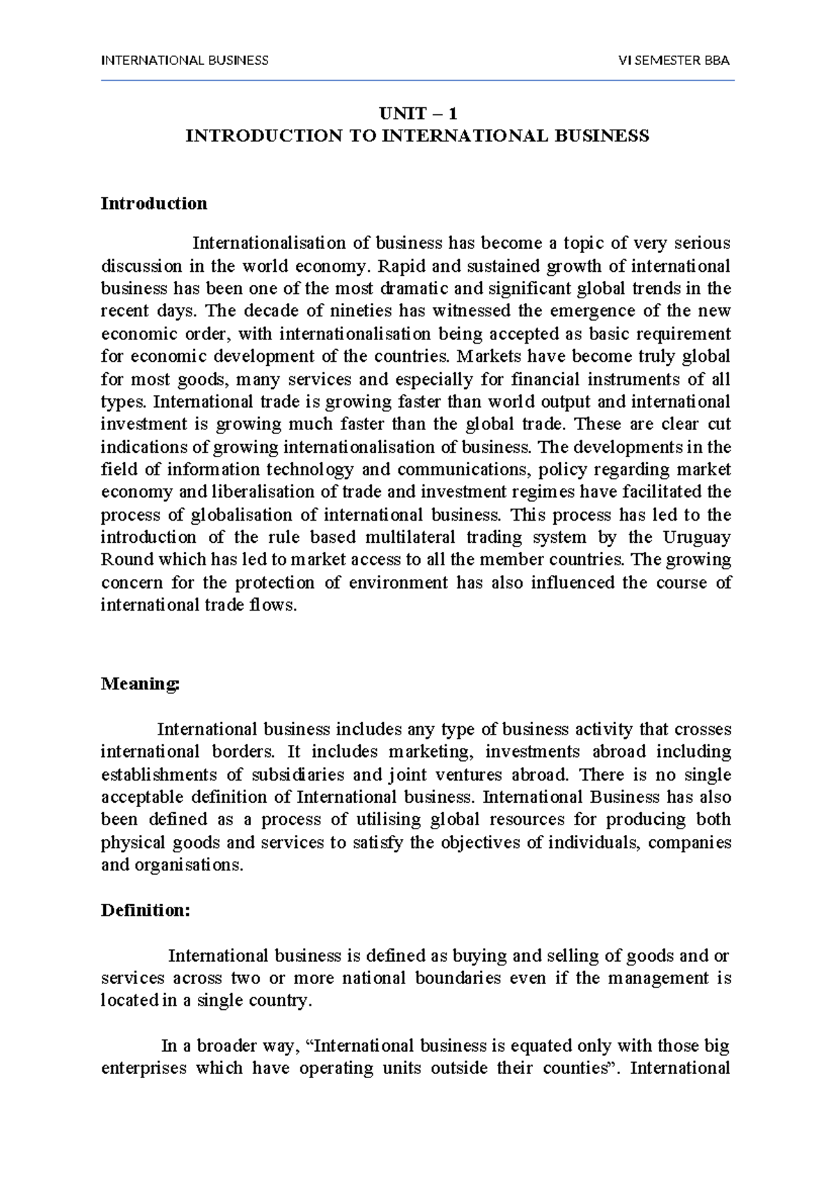 IB 1st Unit - UNIT – 1 INTRODUCTION TO INTERNATIONAL BUSINESS ...