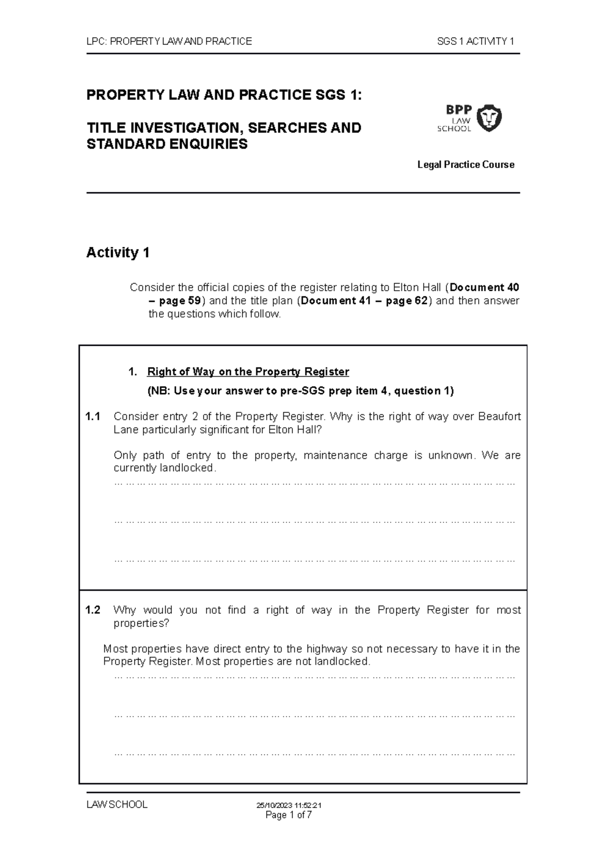 SGS 1 Property Activity - PROPERTY LAW AND PRACTICE SGS 1: TITLE ...