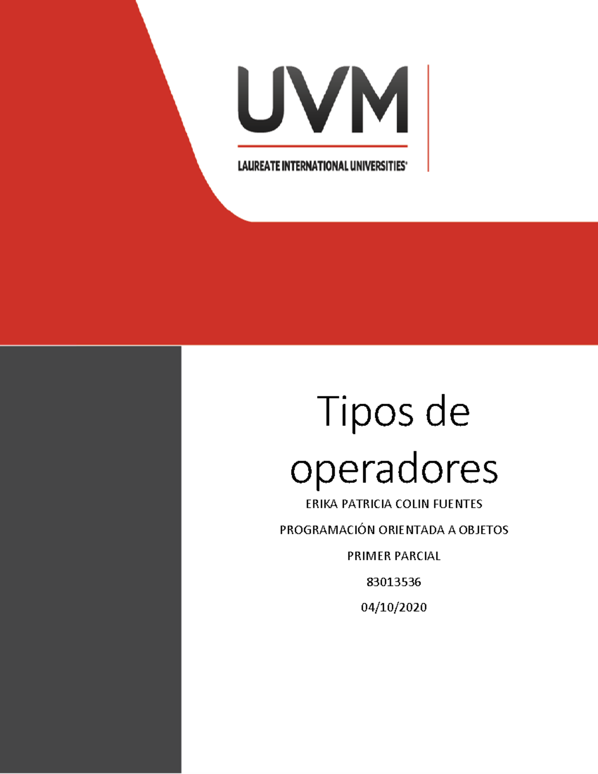 A3 EPCF - PROGRAMACION ORIENTADA A OBJ - Tipos de operadores ERIKA ...