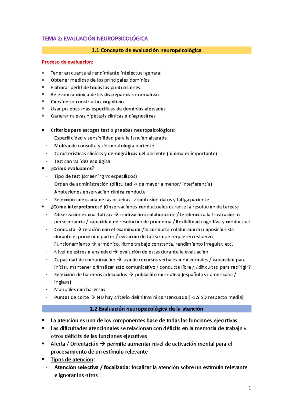 Neuropsicologia Tema 2 - TEMA 2: EVALUACIÓN NEUROPSICOLÓGICA 1 Concepto ...