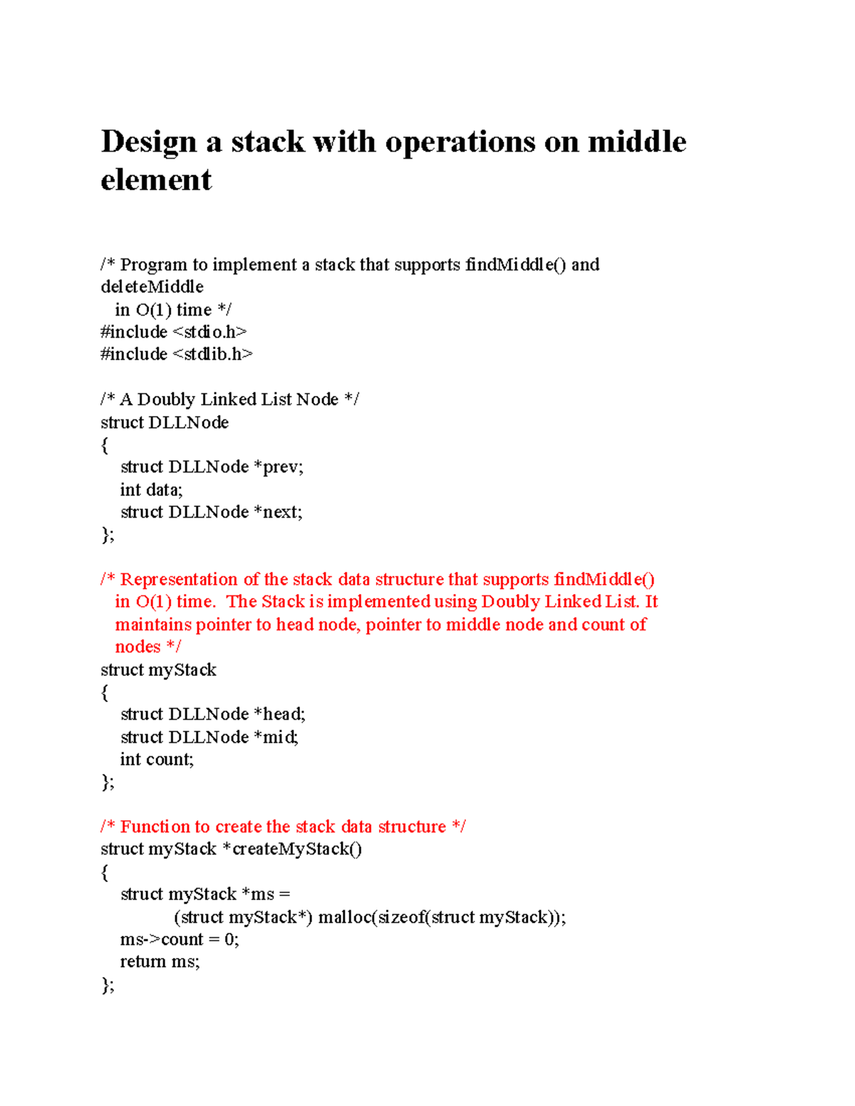 Middleofstack Stack Implementation different methods. Design a