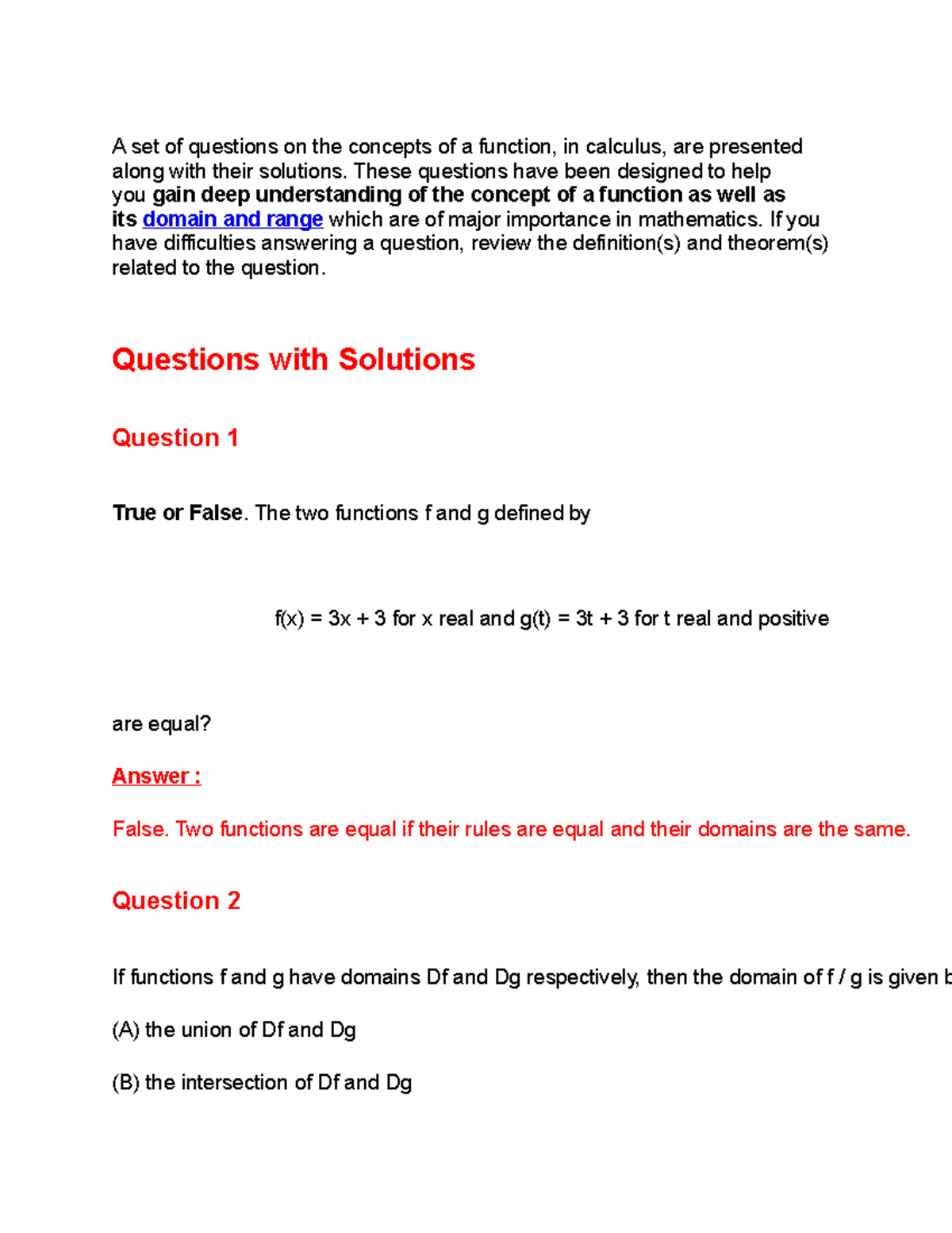 A set of questions on the concepts in basic calculus - A set of ...