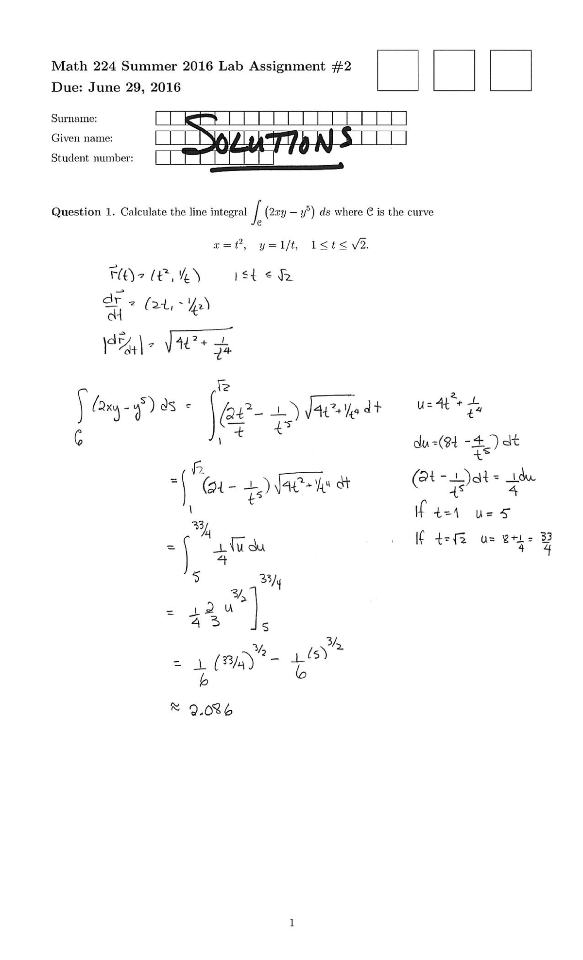 Lab2 solutions 224 - Math 224 Summer 2016 Lab Assignment #2 Due: June ...