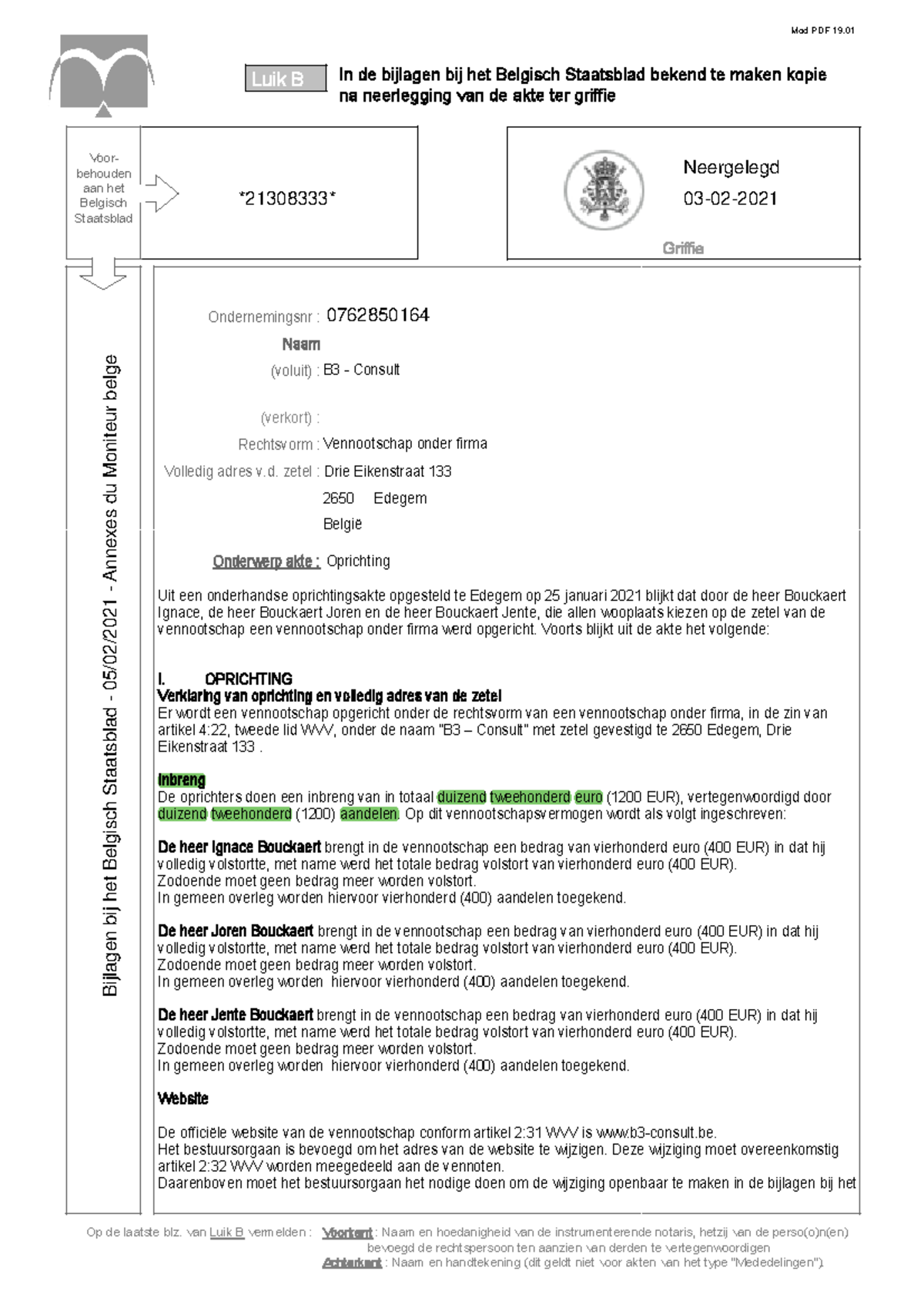 Voorbeeld Publicatie BS 5.02.2021 Oprichting VOF - In De Bijlagen Bij ...