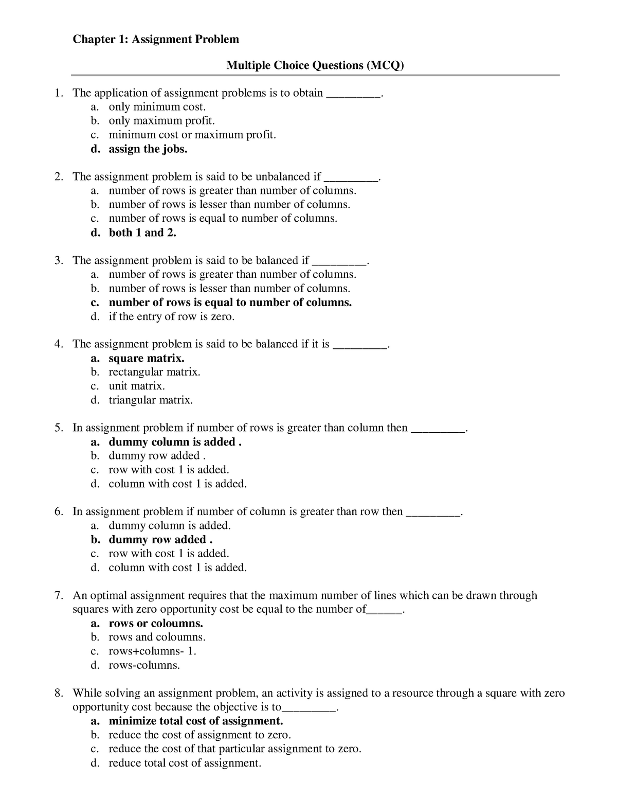 assignment problem mcq questions