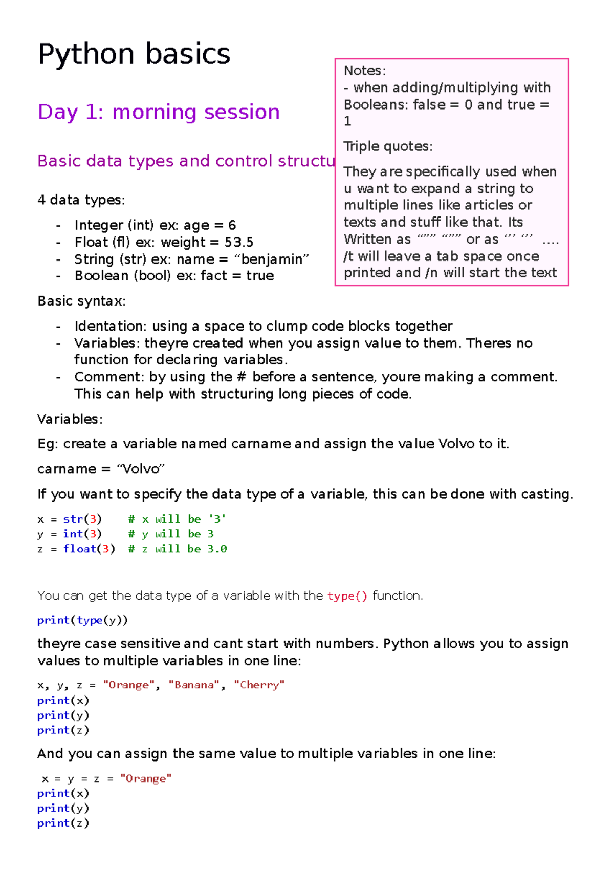 Python notes (daily schedule) full - Python basics Day 1: morning ...