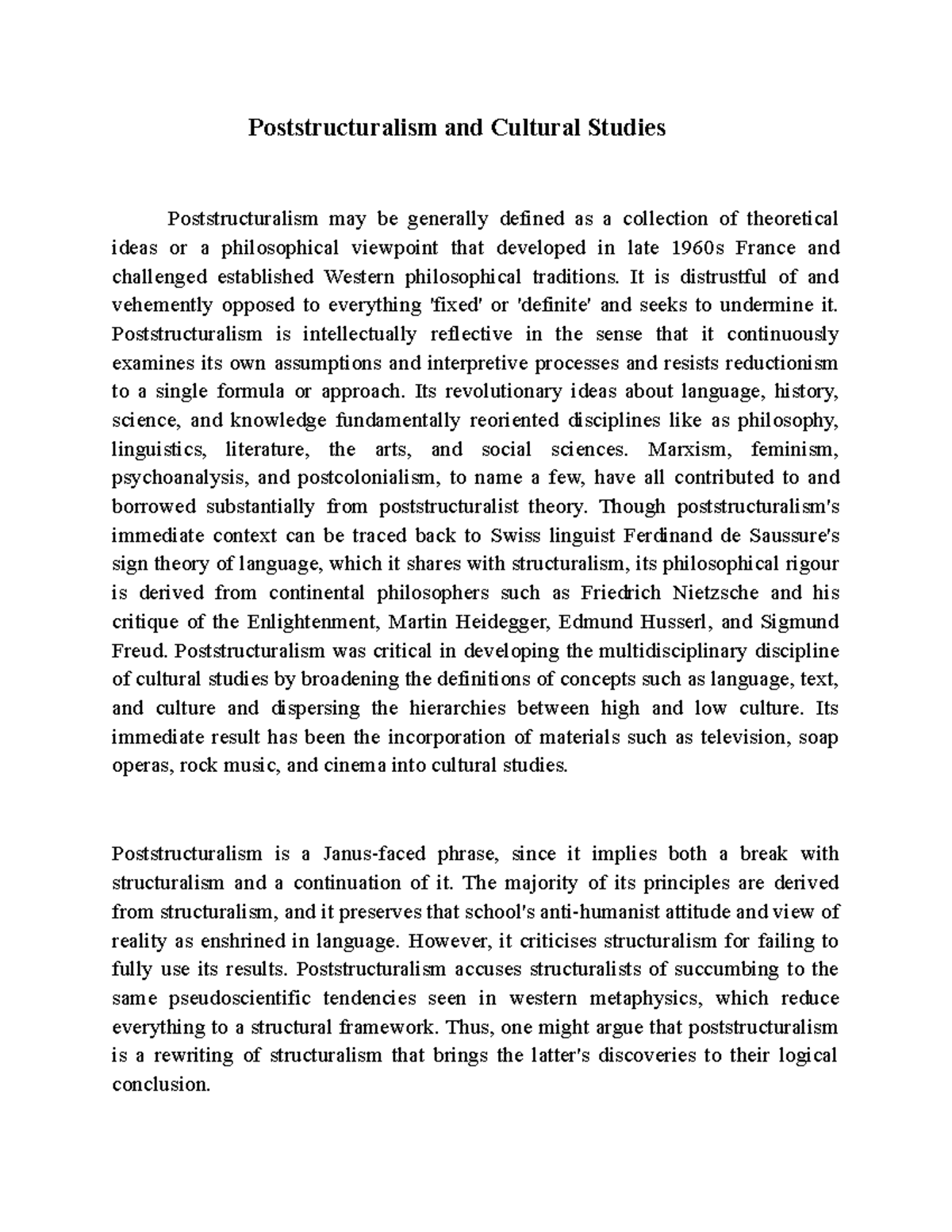 Poststructuralism and Cultural Studies Poststructuralism and Cultural