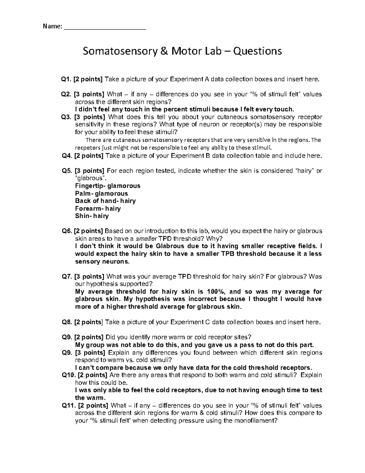 Somatosensory & Motor Lab - Questions - Name ...