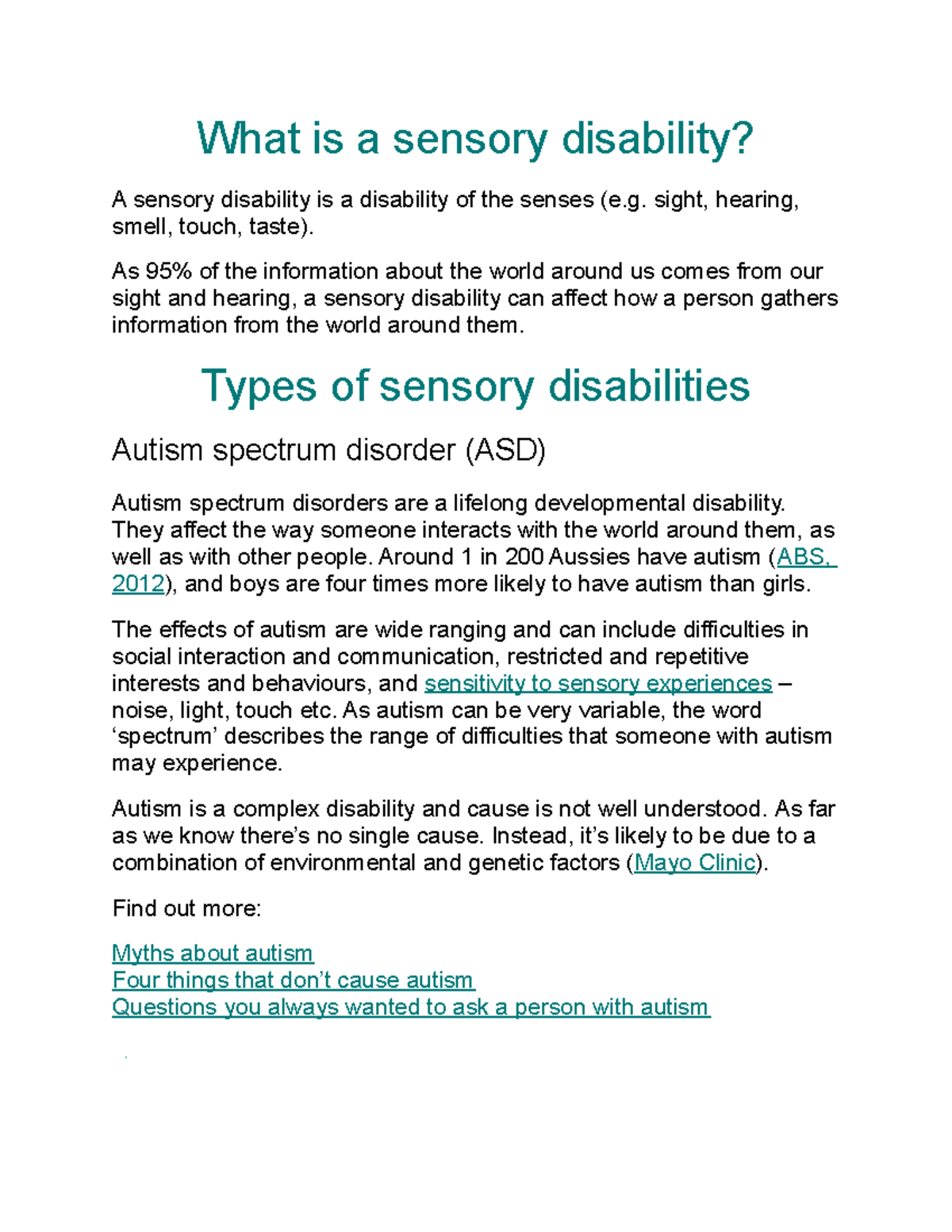 What is a sensory disability sight, hearing, smell, touch, taste). As
