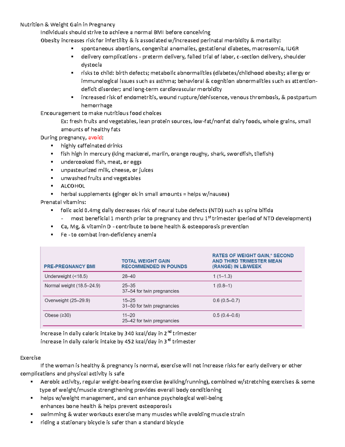 Ob2 Maternal Newborn study guide Nutrition & Weight Gain in