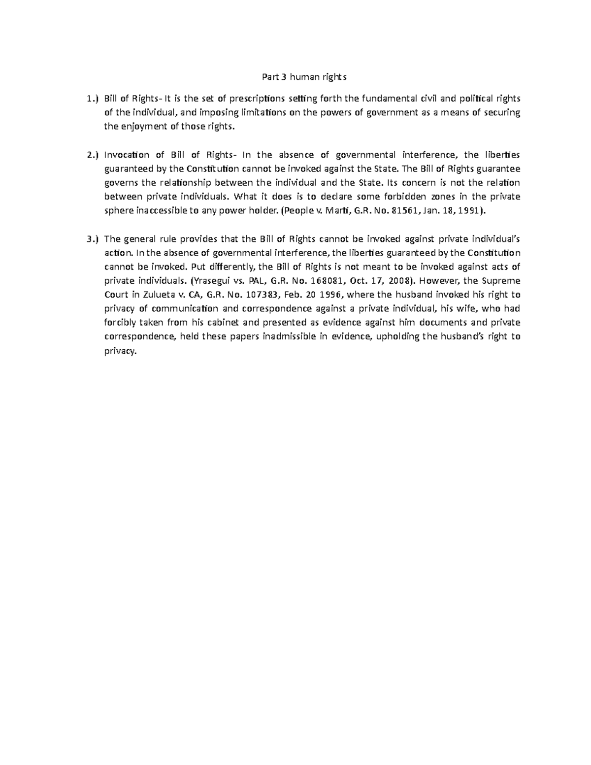 Part 3 human rights - Lecture notes 3 - Part 3 human rights 1.) Bill of ...