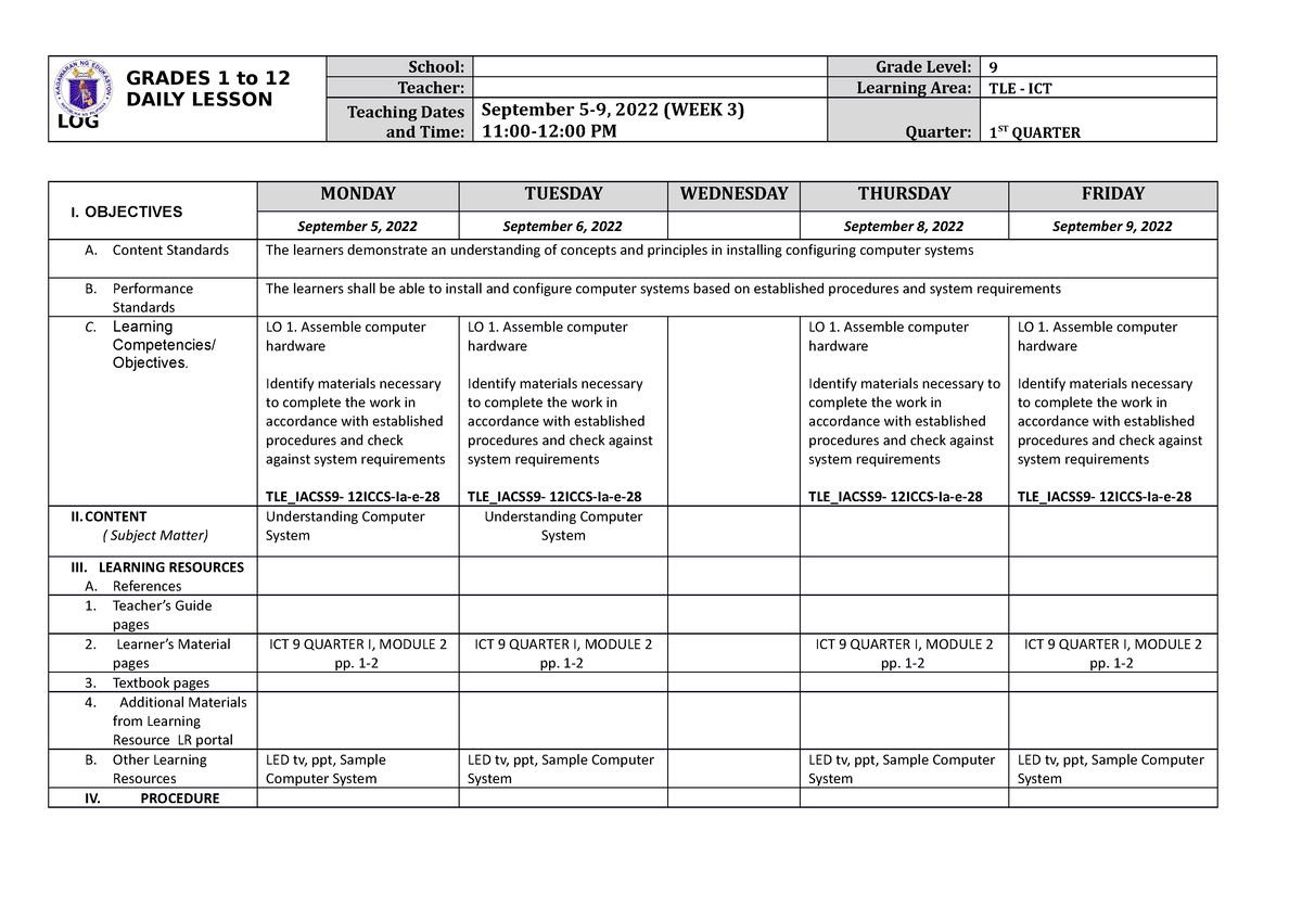 DLL TLE 9 Q1 W3 - DAILY LESSON LOG - GRADES 1 To 12 DAILY LESSON LOG ...