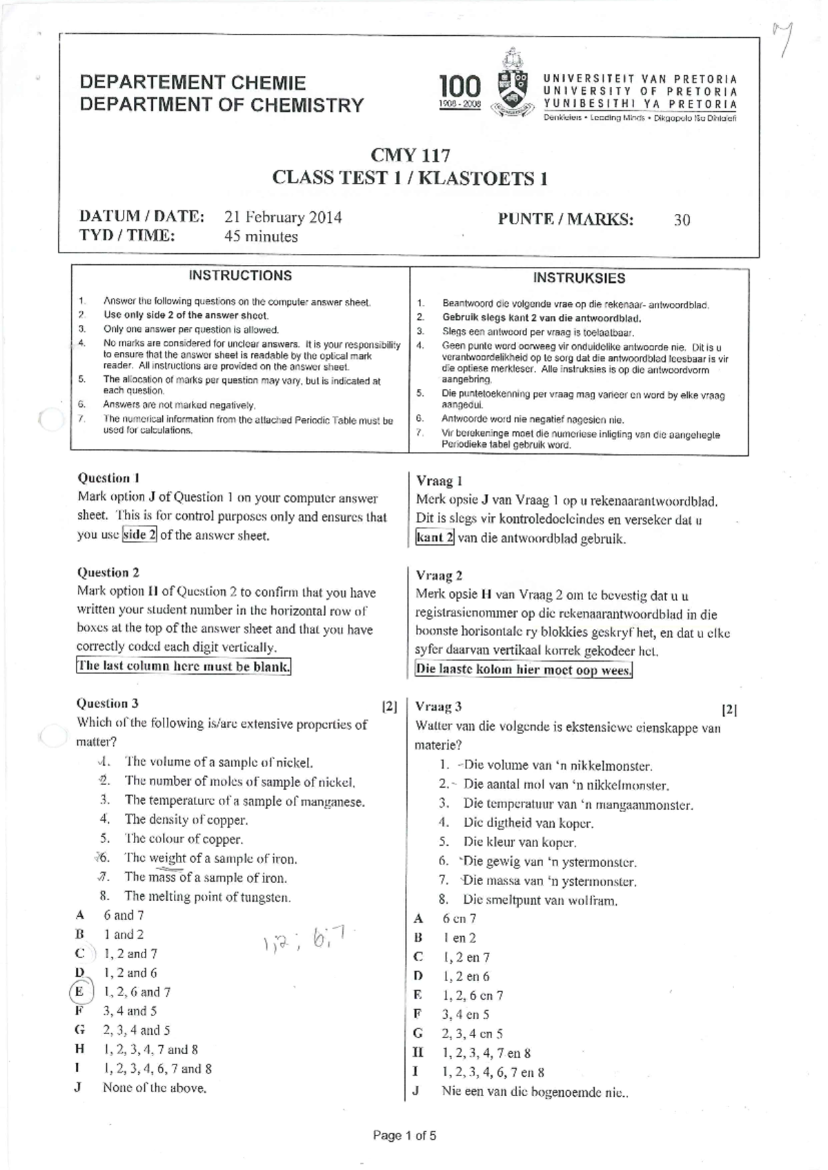 CHEM27 - Chect 1-14 Chemistry Class Test 1 2014 - 21 - CMY 117 - Studocu