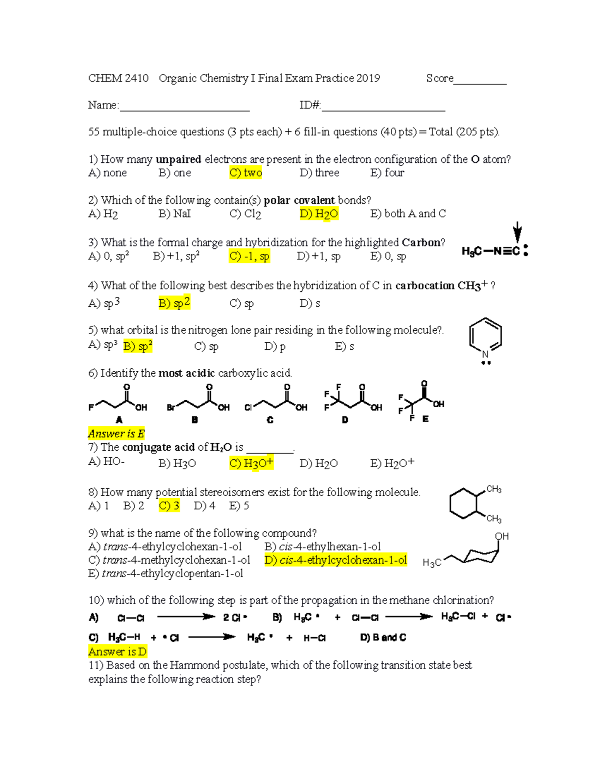 CHEM 2410 Final Exam-answer Key(1) - CHEM 2410 Organic Chemistry I ...