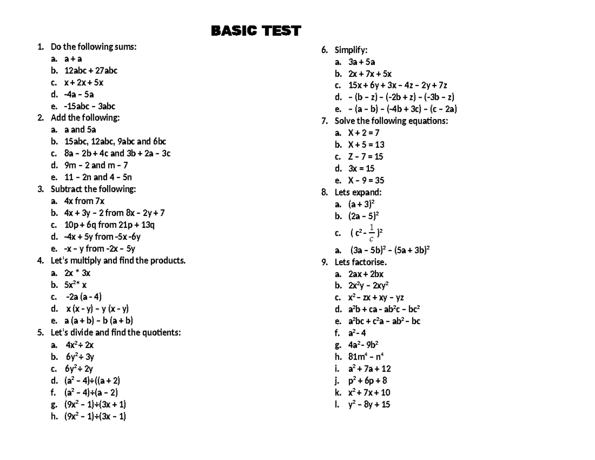 TEST Questions - nsdvd - BASIC TEST Do the following sums: a. a + a b ...