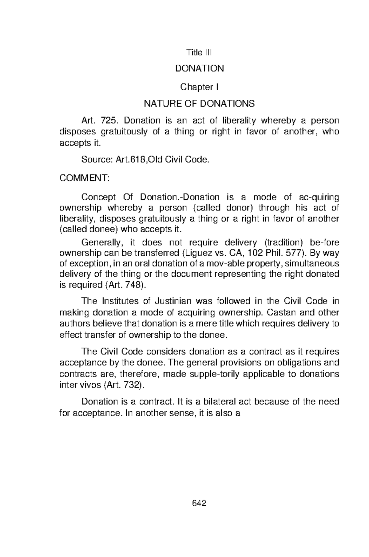 Donation 642 Title III DONATION Chapter I NATURE OF DONATIONS Art