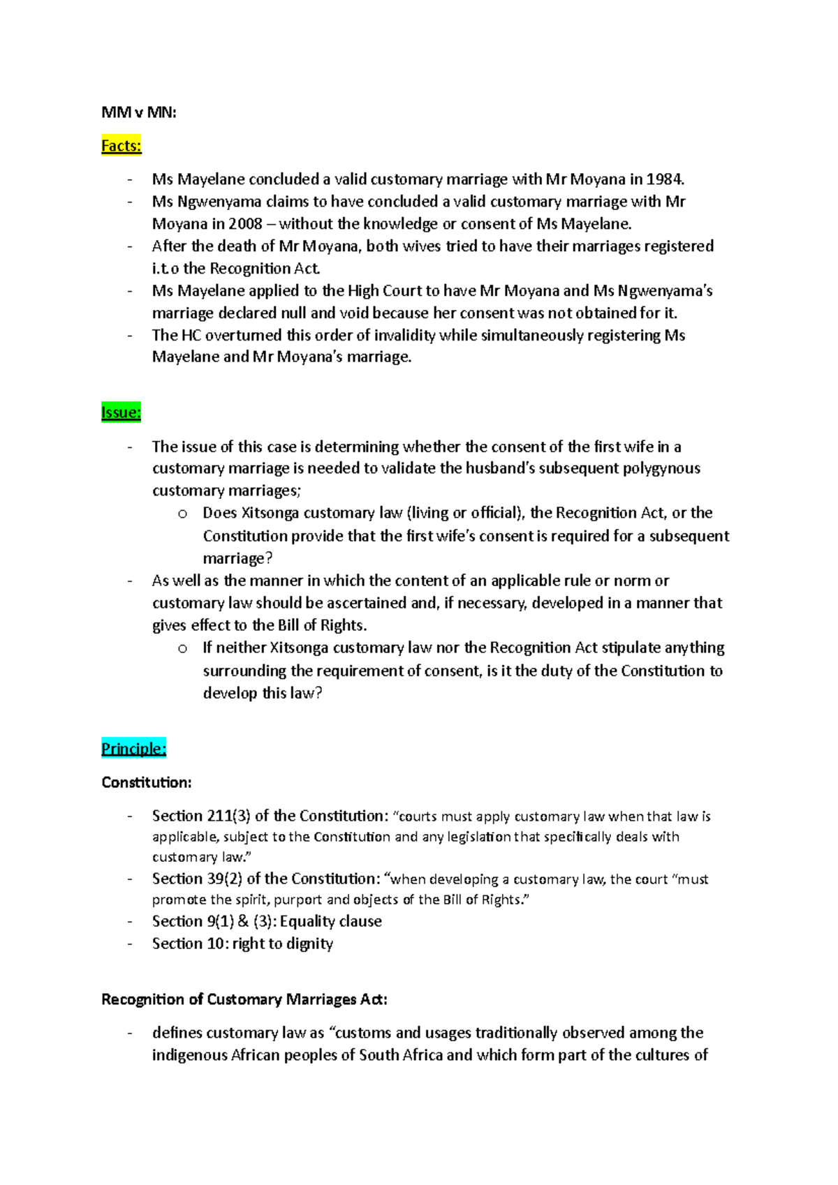 MM V MN CC Case Summary Wits University Studocu