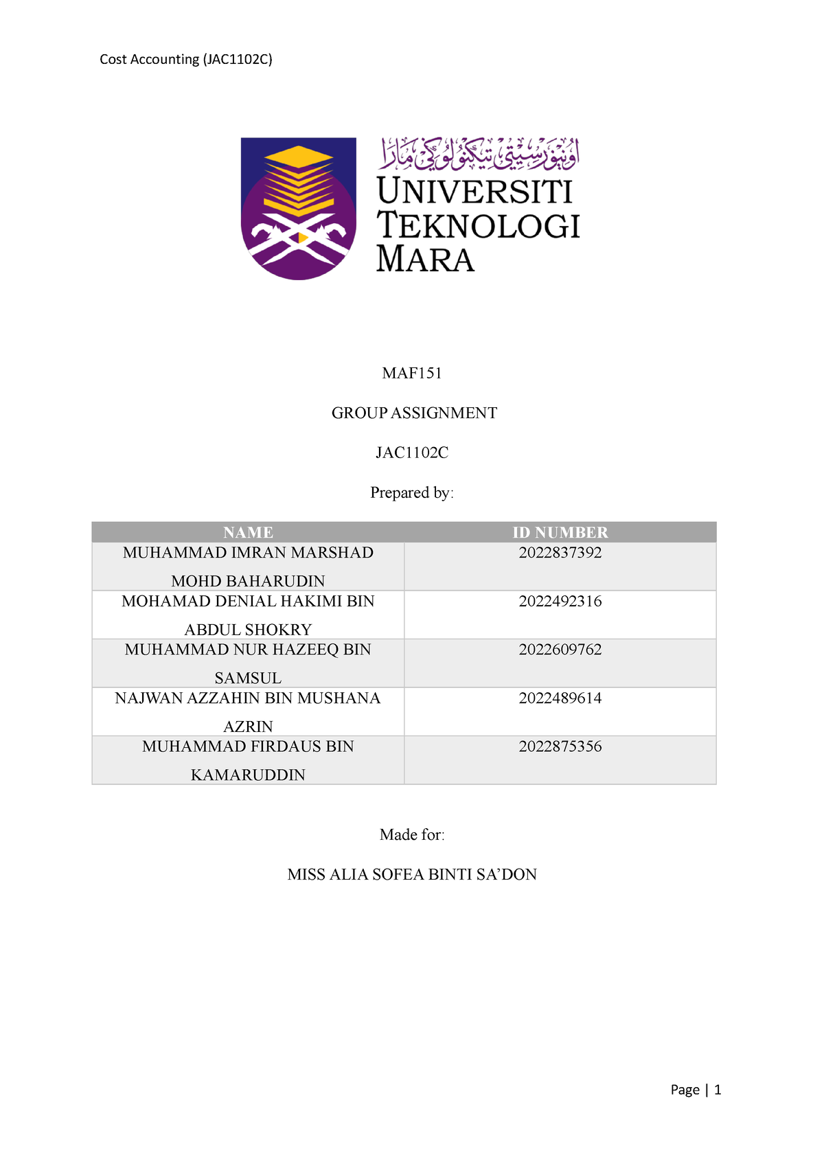 maf151 group assignment pdf