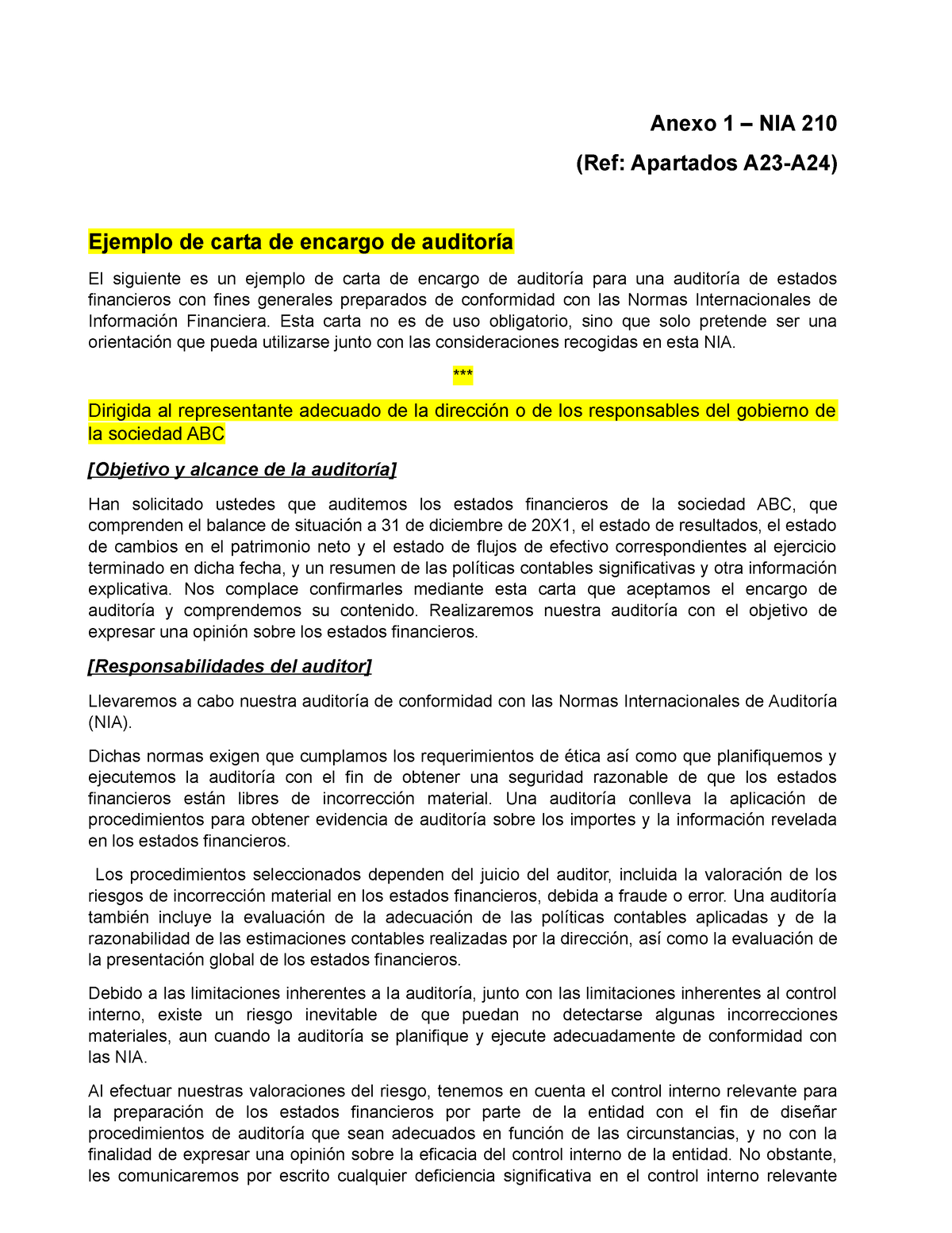 Ejemplo De Una Carta Compromiso De Auditoria Segun Ni 3920