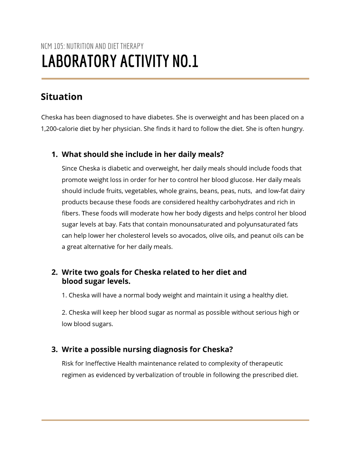 Laboratory Activity Number 1 - NCM 105: NUTRITION AND DIET THERAPY ...