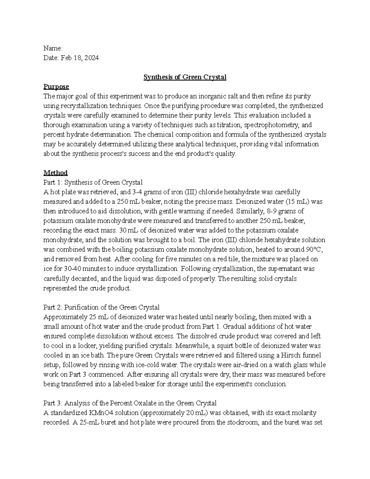 Green crystal lab report Name Date Feb 18, 2024 Synthesis of Green