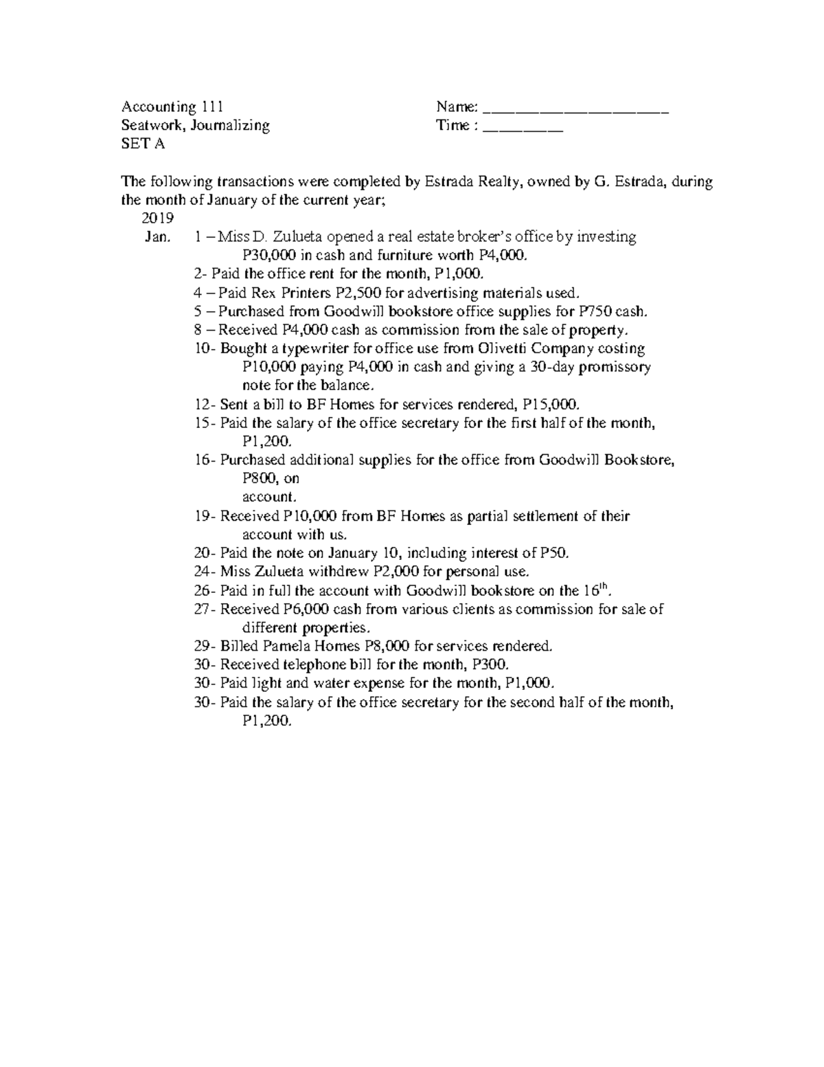 Assignment 2 - Journalizing - Accounting 111 Name ...