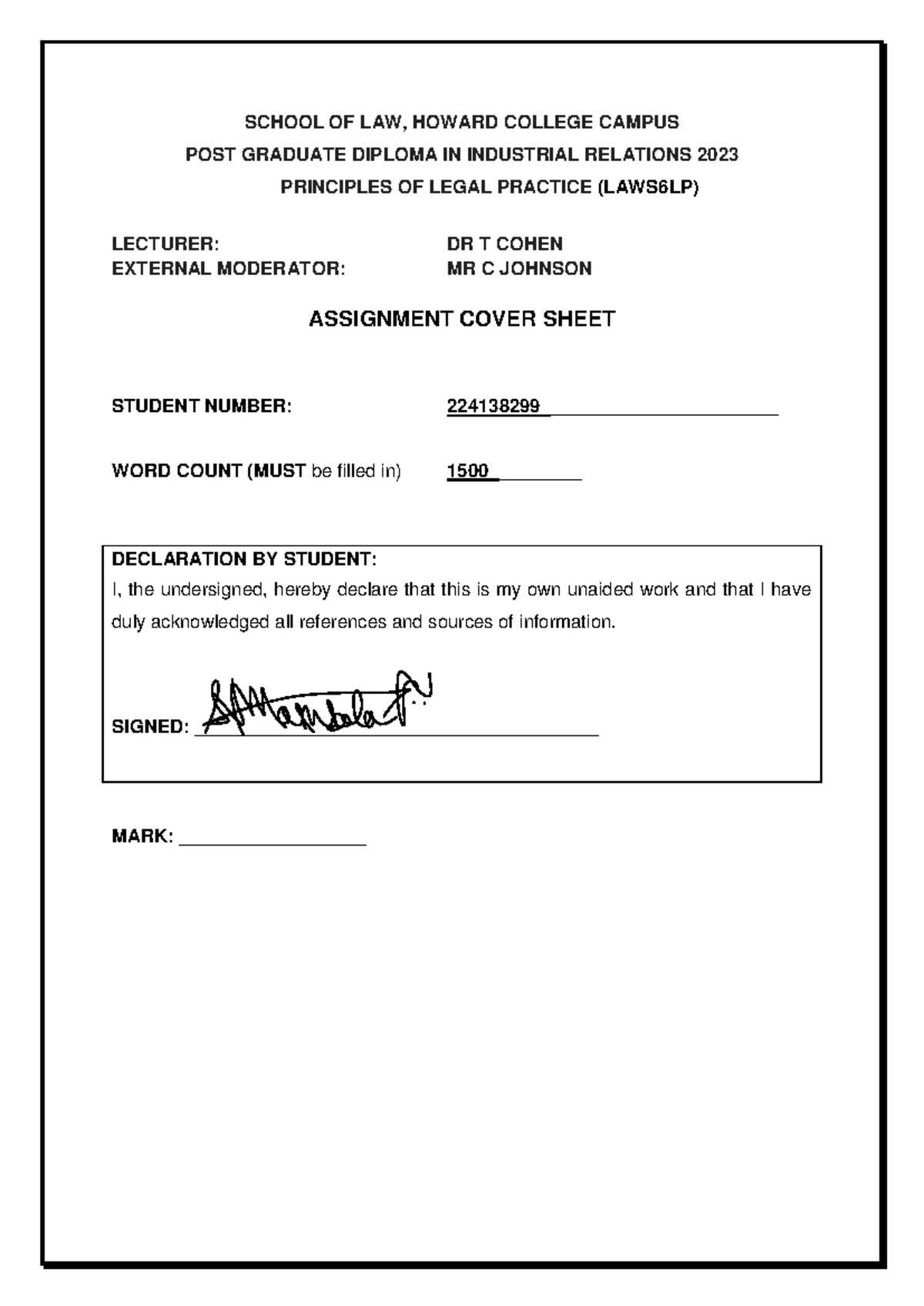 Mathabela SV Legal Practices Principles Assignment - SCHOOL OF LAW ...