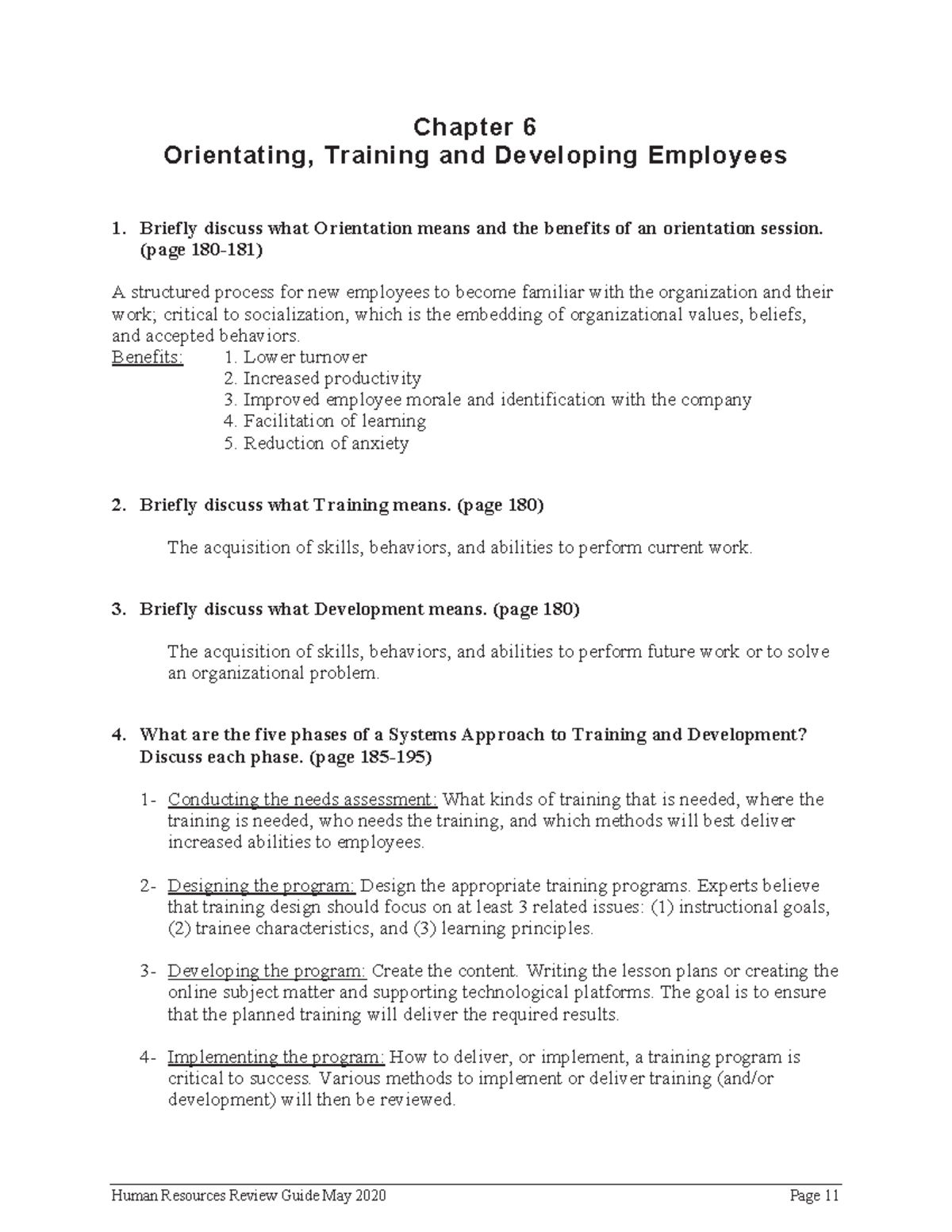 Study Guide - Chapter 6 & 7 - Chapter 6 Orientating, Training and ...