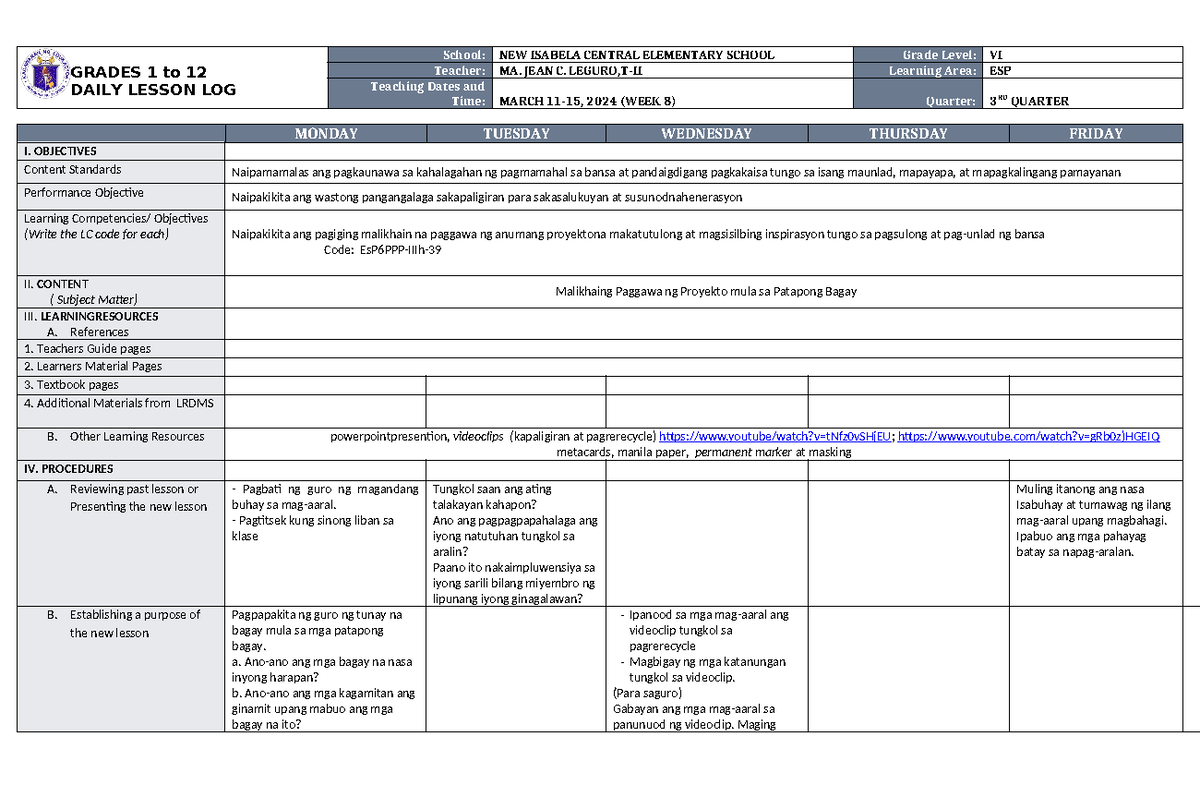 DLL ESP 6 Q3 W7 - nice - GRADES 1 to 12 DAILY LESSON LOG School: NEW ...