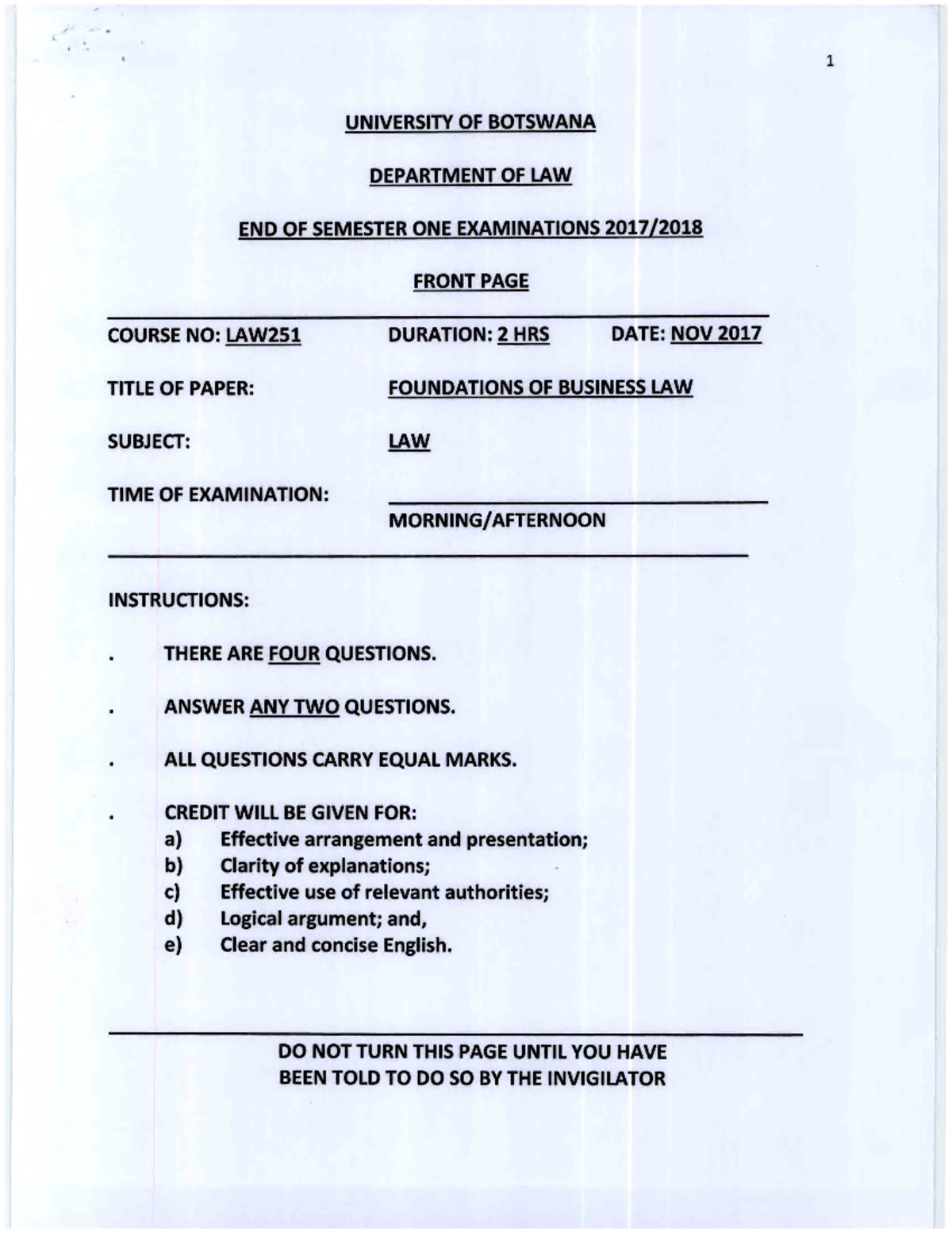 Law 251 2017 - Notes - business law - Studocu