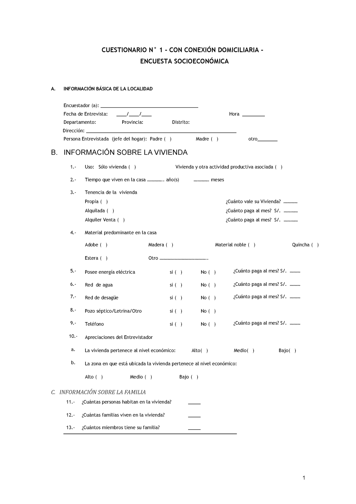 1 Formato encuesta socioeconomicas CC - CUESTIONARIO N° 1 - CON CONEXIÓN  DOMICILIARIA - ENCUESTA - Studocu