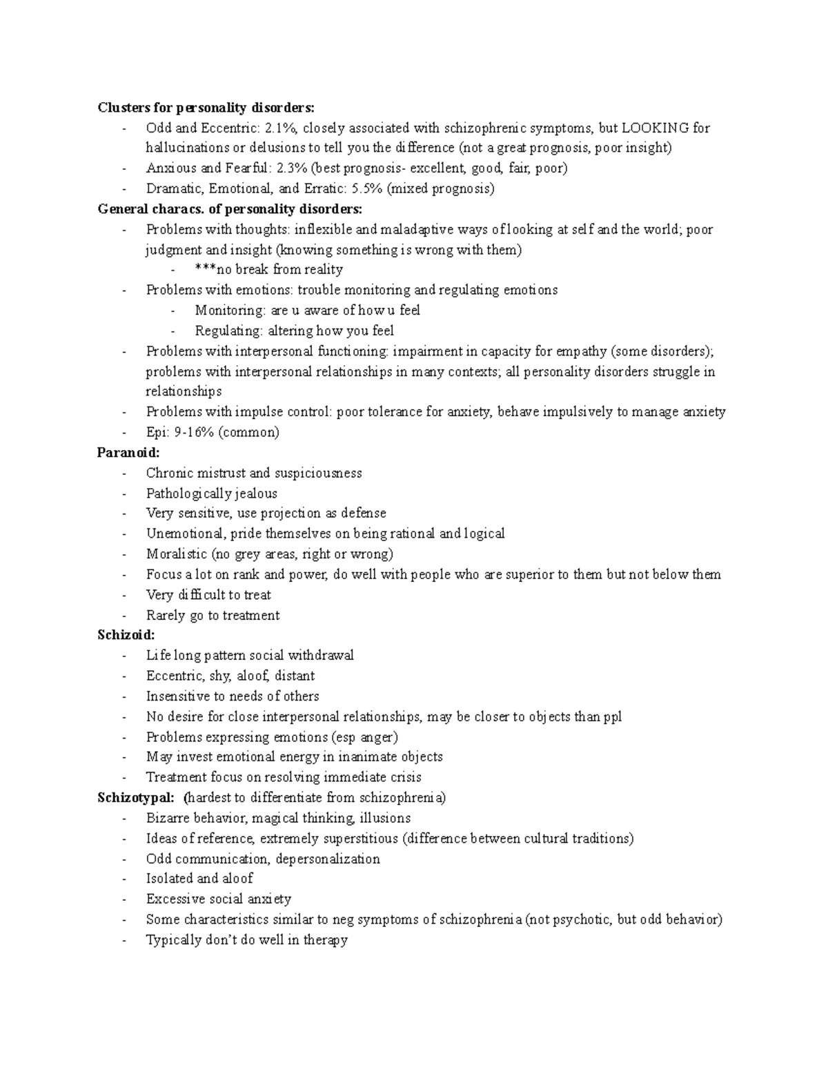 Abnormal Psych Exam 3 Review - Clusters for personality disorders ...