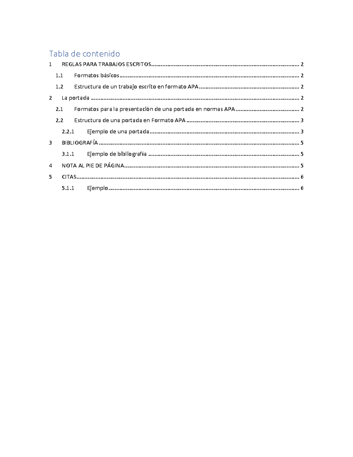 Formato APA Tabla de contenido 1 REGLAS PARA TRABAJOS Studocu