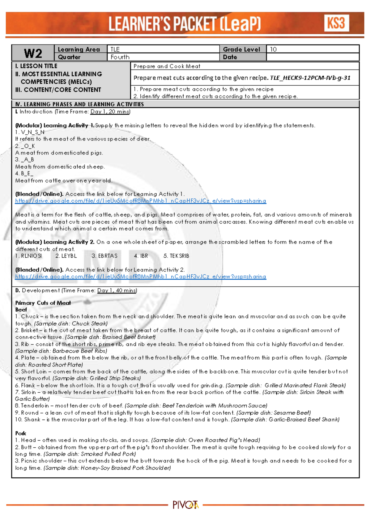 Q4 HE Cookery 10 - W 2 Learning Area TLE Grade Level 10 Quarter Fourth ...