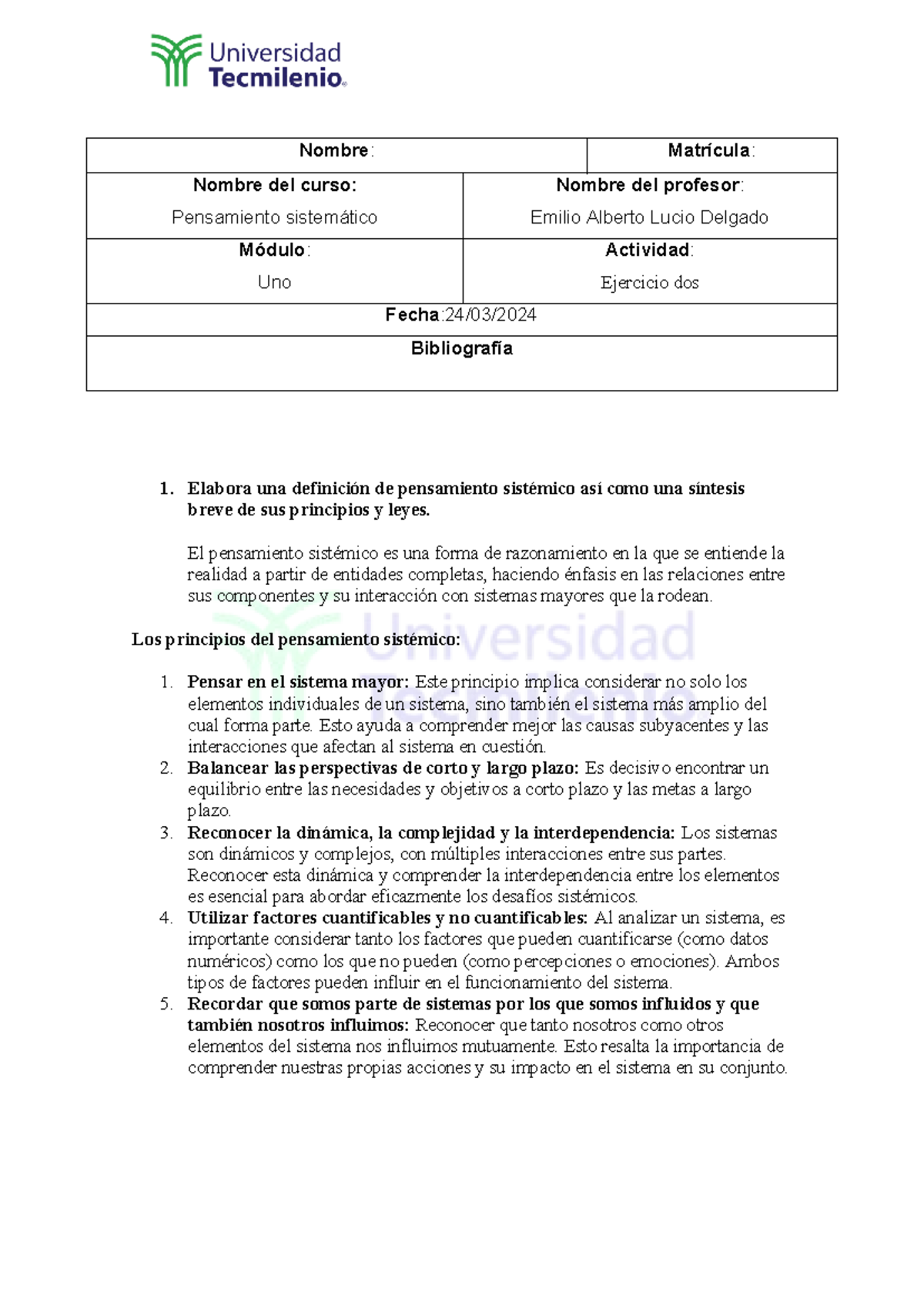 Pensamiento Sistematico Ejercicio 2 Nombre Matrícula Nombre Del Curso Pensamiento